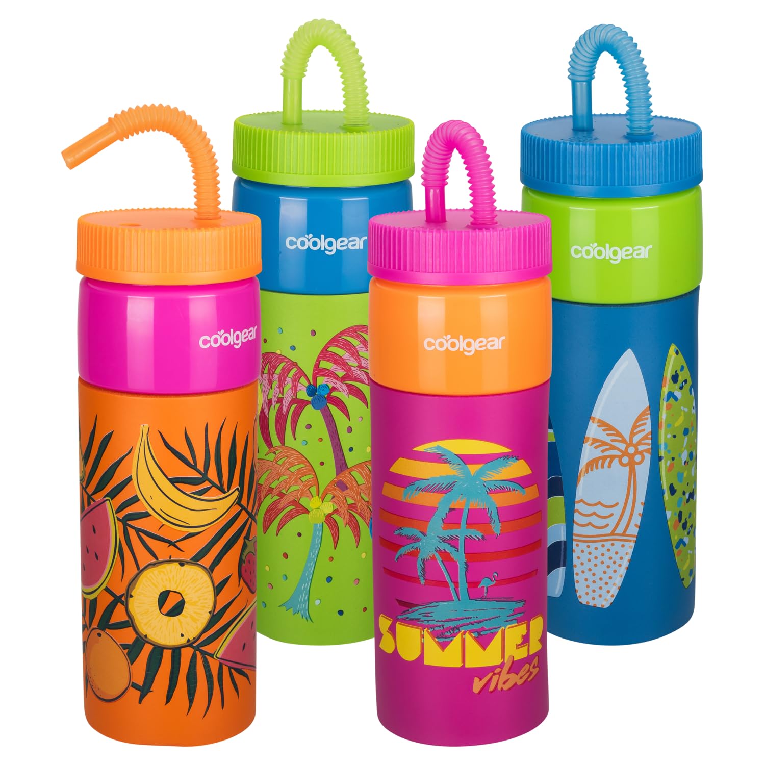 COOL GEAR 4Pack 24 oz GO GRIP Plastic Retro Squishy Water Bottle | Cute Printed Design, Foam Grip, Resealable Bendy Straw | Dis