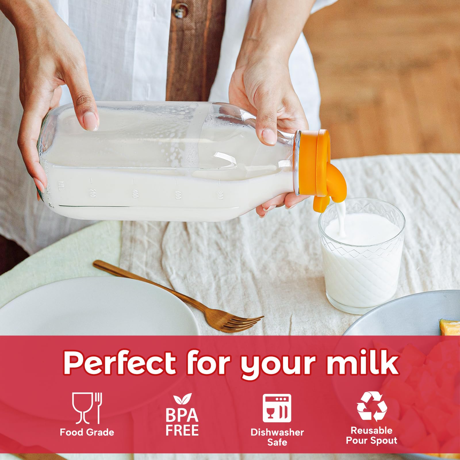 Dwbligt 32 Oz Reusable Glass Milk Bottles With Silicone Dispenser Cap, 2 Pack Glass Jars With Airtight Screw Lid, Leak Proof Gla