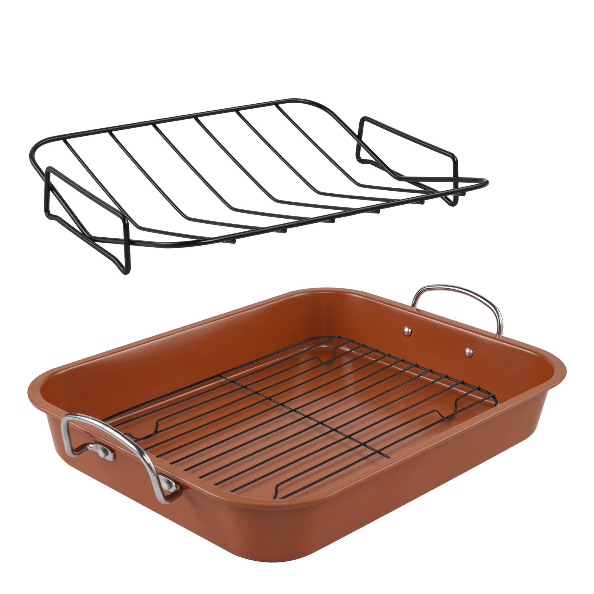 KitCom Nonstick Roasting Pan, Roaster with Cooling Rack and V-Rack - 16 Inch Rectangular Turkey Roaster Lasagna Pan for Easter, 