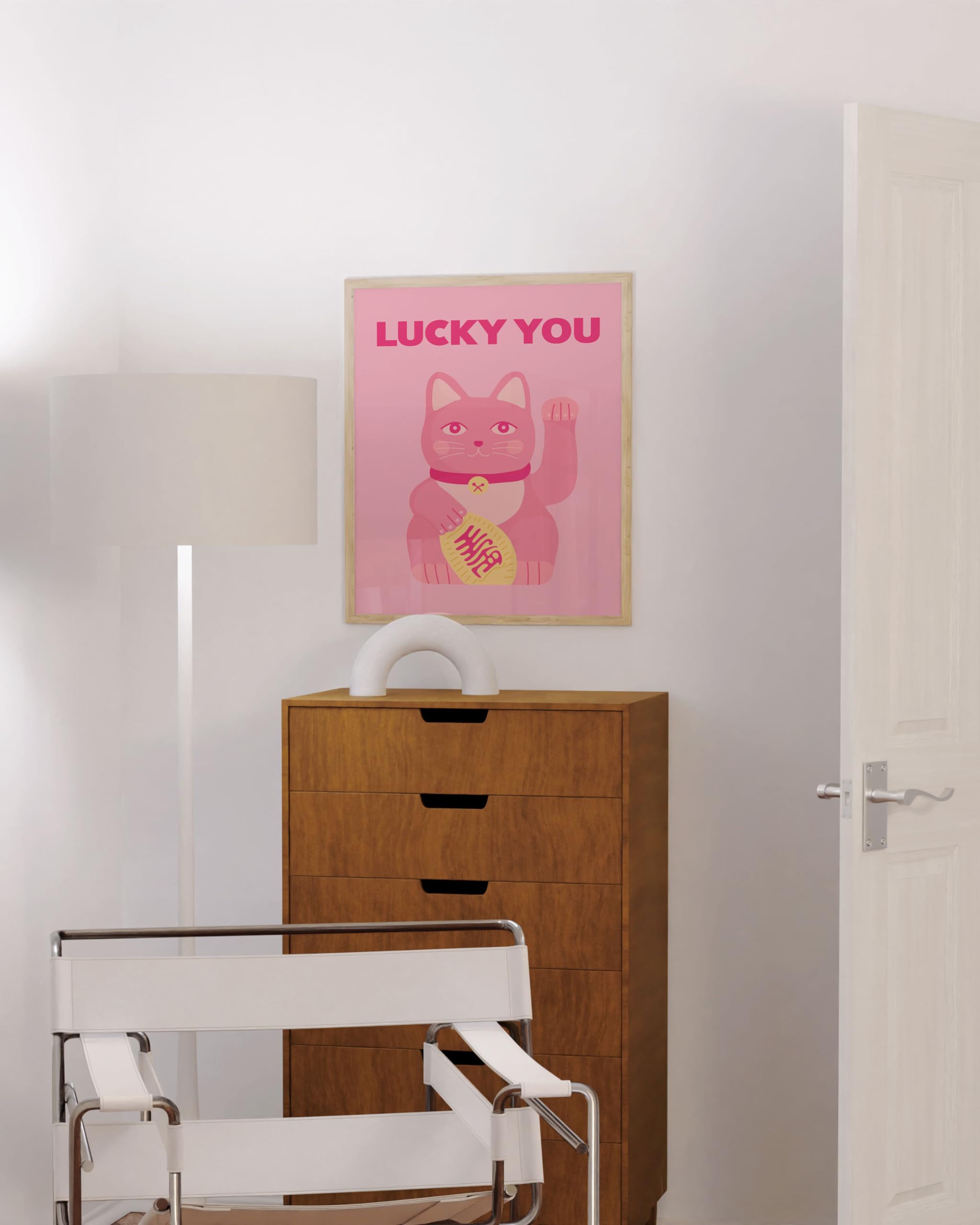HAUS AND HUES Pink Cat Wall Art - Lucky Cat Poster, 12x16 Unframed, Aesthetic Decor for Bedroom, Dorm, or Office