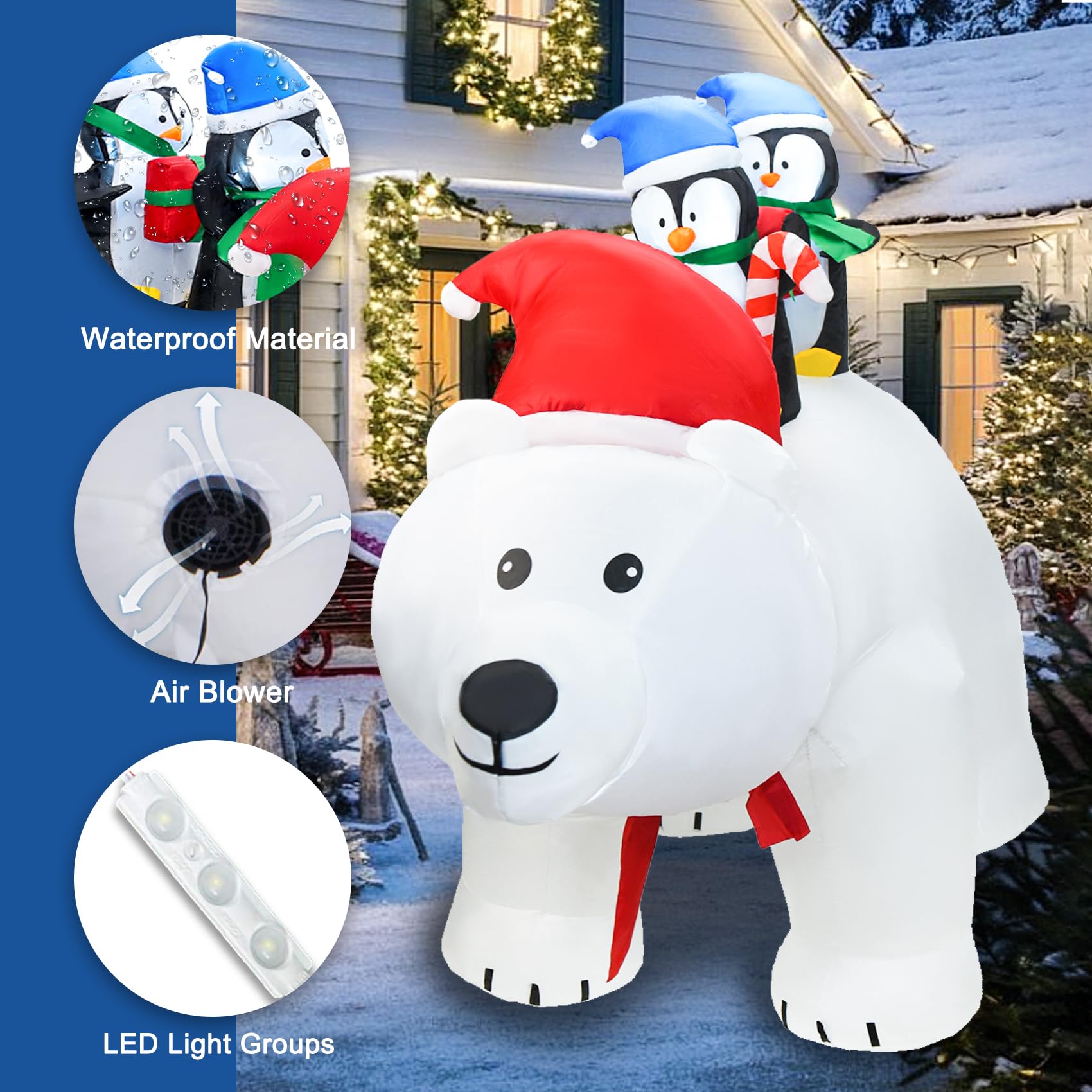 DearSun 7FT L Christmas Inflatable Penguins on Polar Bear with Shakable Head, Blow up Christmas Inflatable with Build-in LED Lig