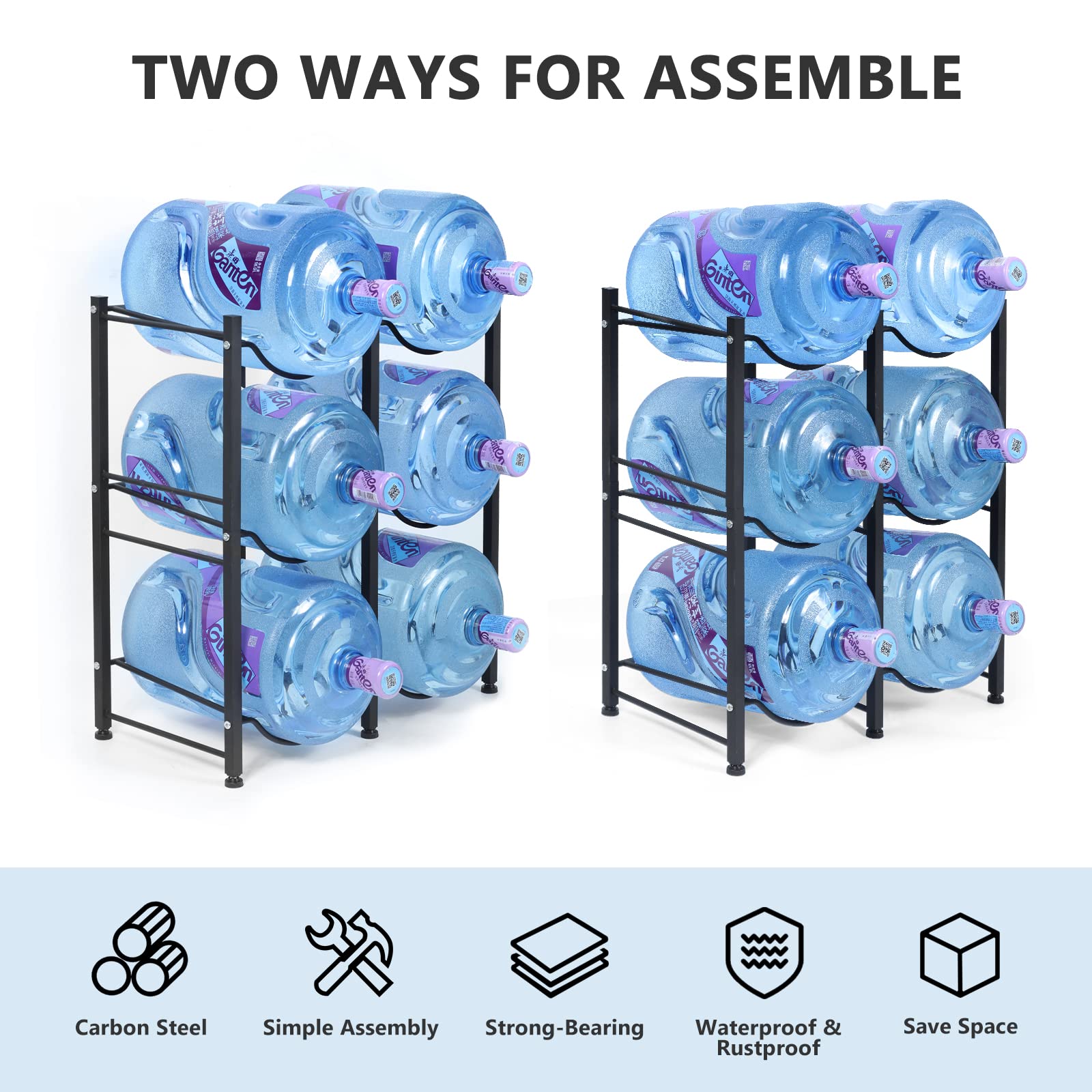 Nandae Water Cooler Jug Rack, 3-Tier Heavy Duty Water Bottle Holder Storage Rack 5 Gallon Water Jug Holder For 6 Bottle, Black