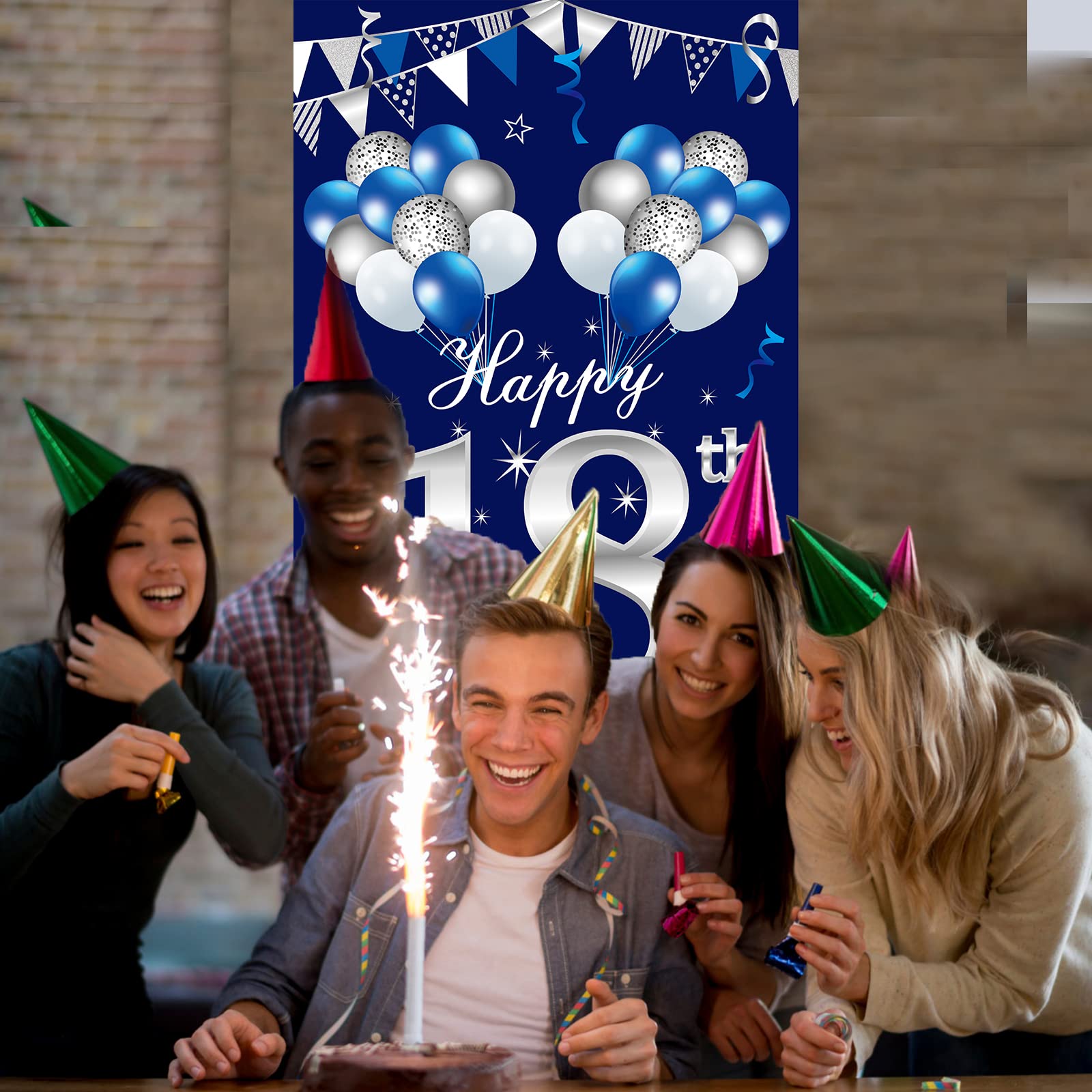 Turypaty Blue Silver 18Th Birthday Door Banner Decorations, Happy 18 Birthday Door Cover Sign Party Supplies For Boys, Sweet 18