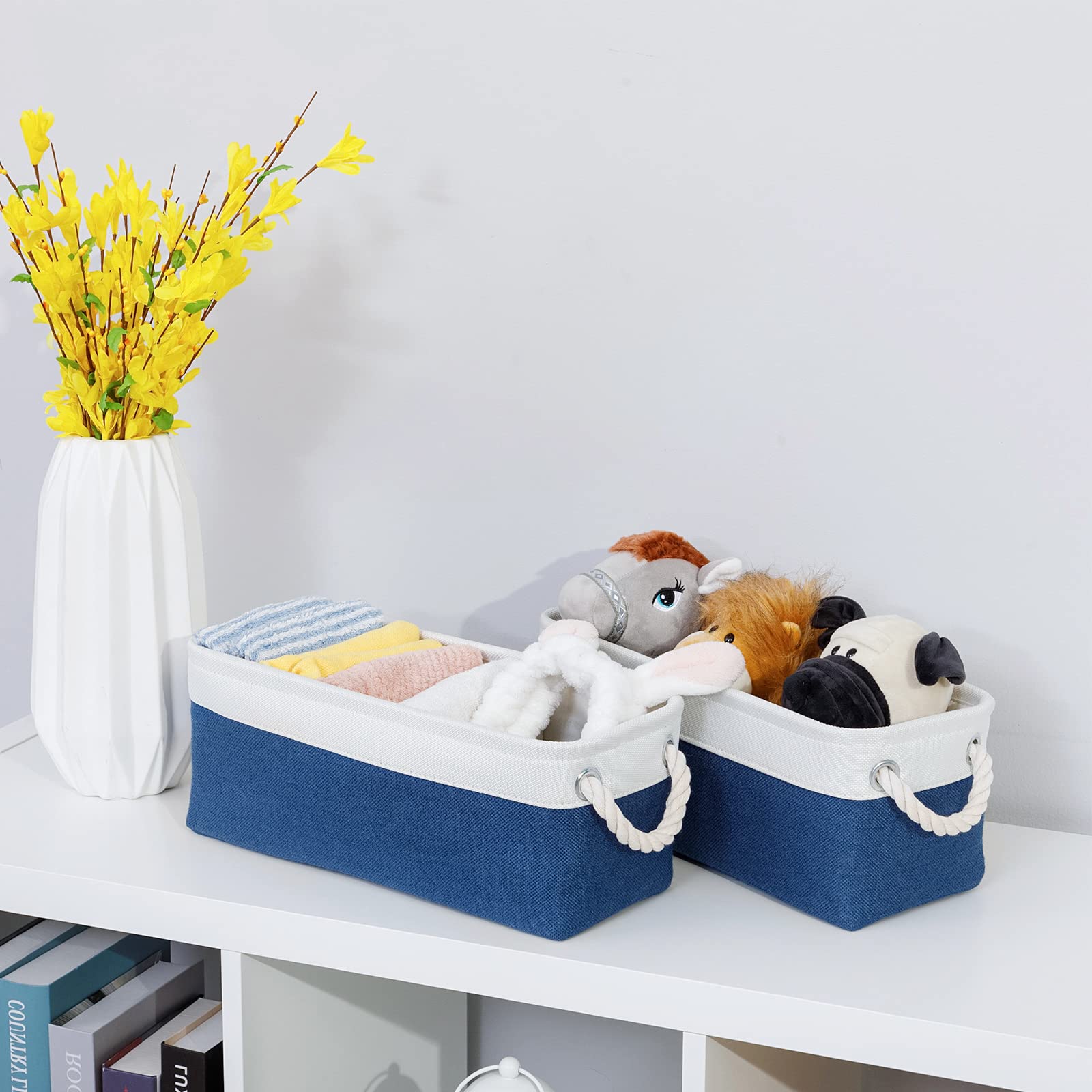 DULLEMELO Toilet Paper Storage Basket  Toilet Paper Basket for Back of Toilet  Bathroom Storage Basket for Cosmetics Towels Toilet Paper  Toilet Tank Basket with Rope Handles for Toilet(White&Blue)
