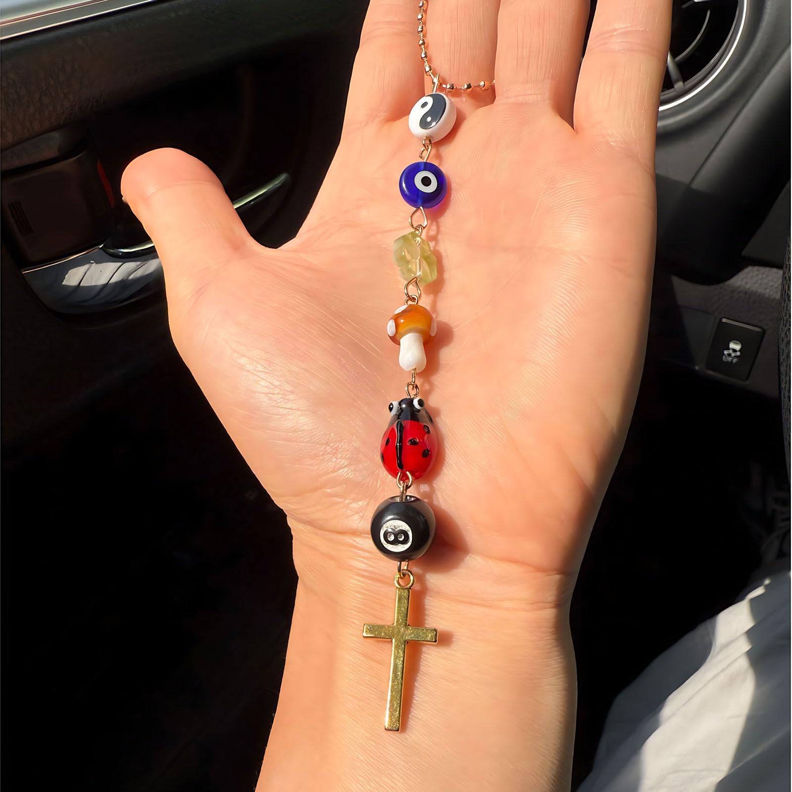 2pcs Car Rear View Mirror Hanging Accessories Cross Angel Evil Eye Charm Ladybug 8 Ball Mushroom Four Leaf Clover Yin Yang Symbo