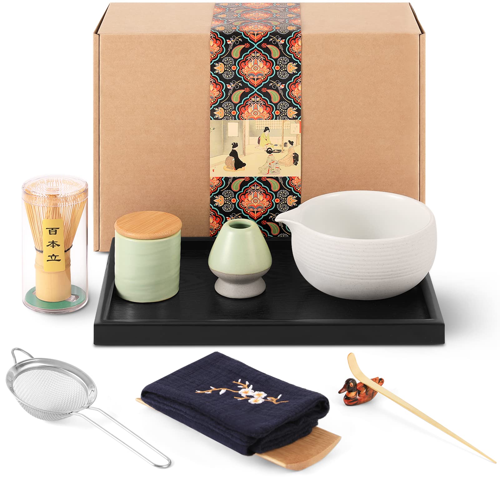 Artcome Japanese Matcha Tea Set, Matcha Bowl With Pouring Spout, Black Tea Tray, Matcha Whisk, Ceramic Whisk Holder, Matcha Powd