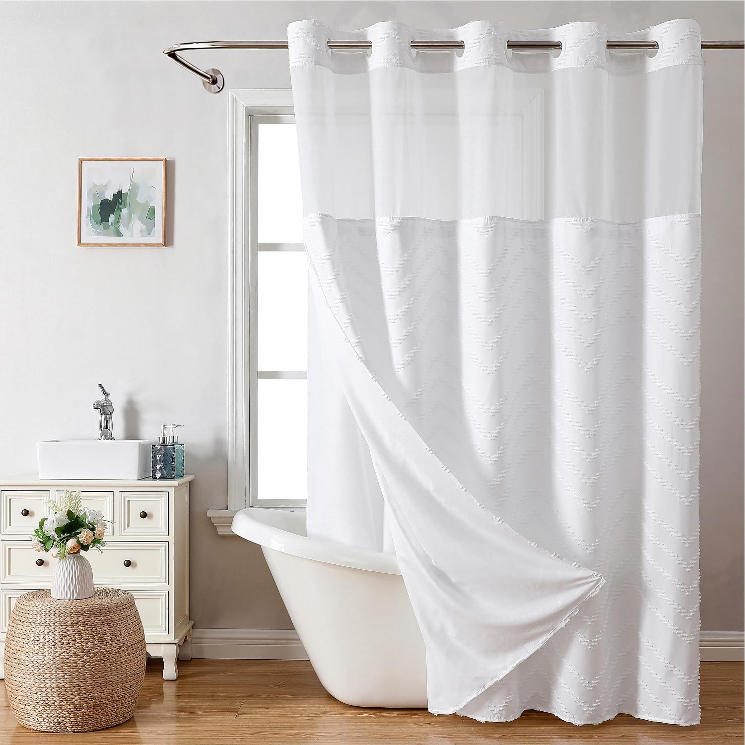 Eachope Long No Hook Tufted Chevron Striped Shower Curtain With Snap-In Fabric Liner Set-71Wx80H(78H),White Hotel Grade Boho Sty