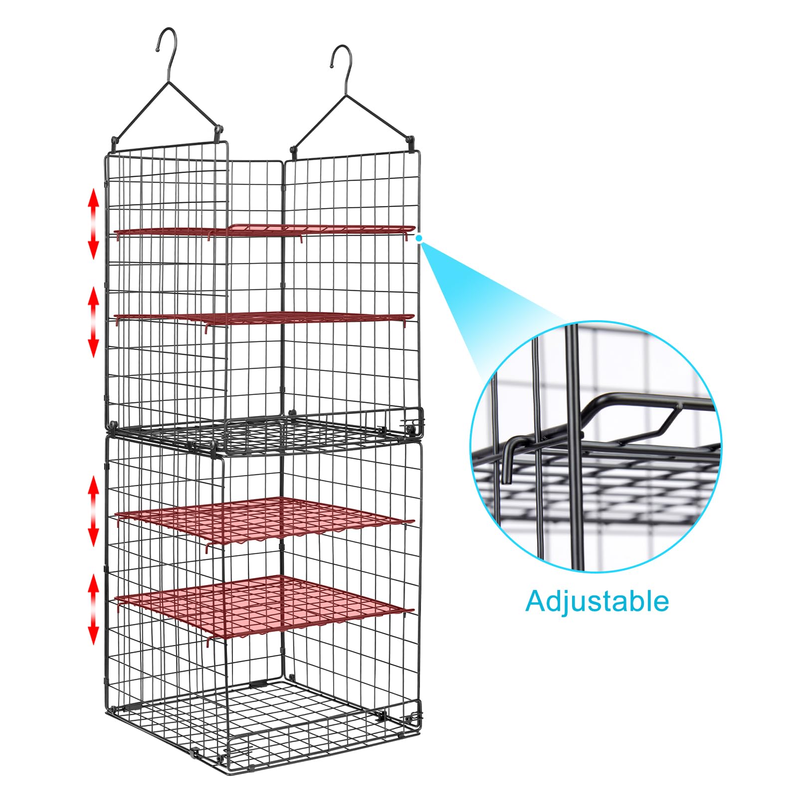 5 Tier Closet Hanging Organizer And Storage Separable Hanging Closet Shelves With 4 Hanging Hooks 2 Adjustable Dividers, Wire St