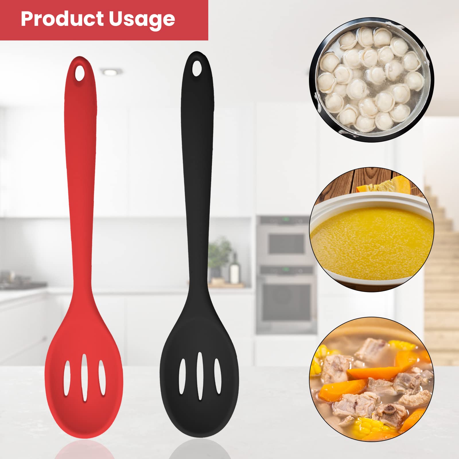 2 Pcs Silicone Slotted Spoons Nonstick Heat Resistant Basting Spoons Set Kitchen Utensil For Cooking Stirring Mixing Serving (Re