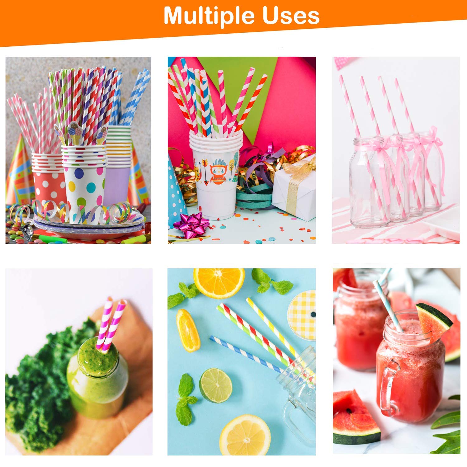 Weemium Paper Straws Disposable 200 Pack - Striped Straws In 10 Colors - Biodegradable, Durable And Eco Friendly - Non-Soggy Pap