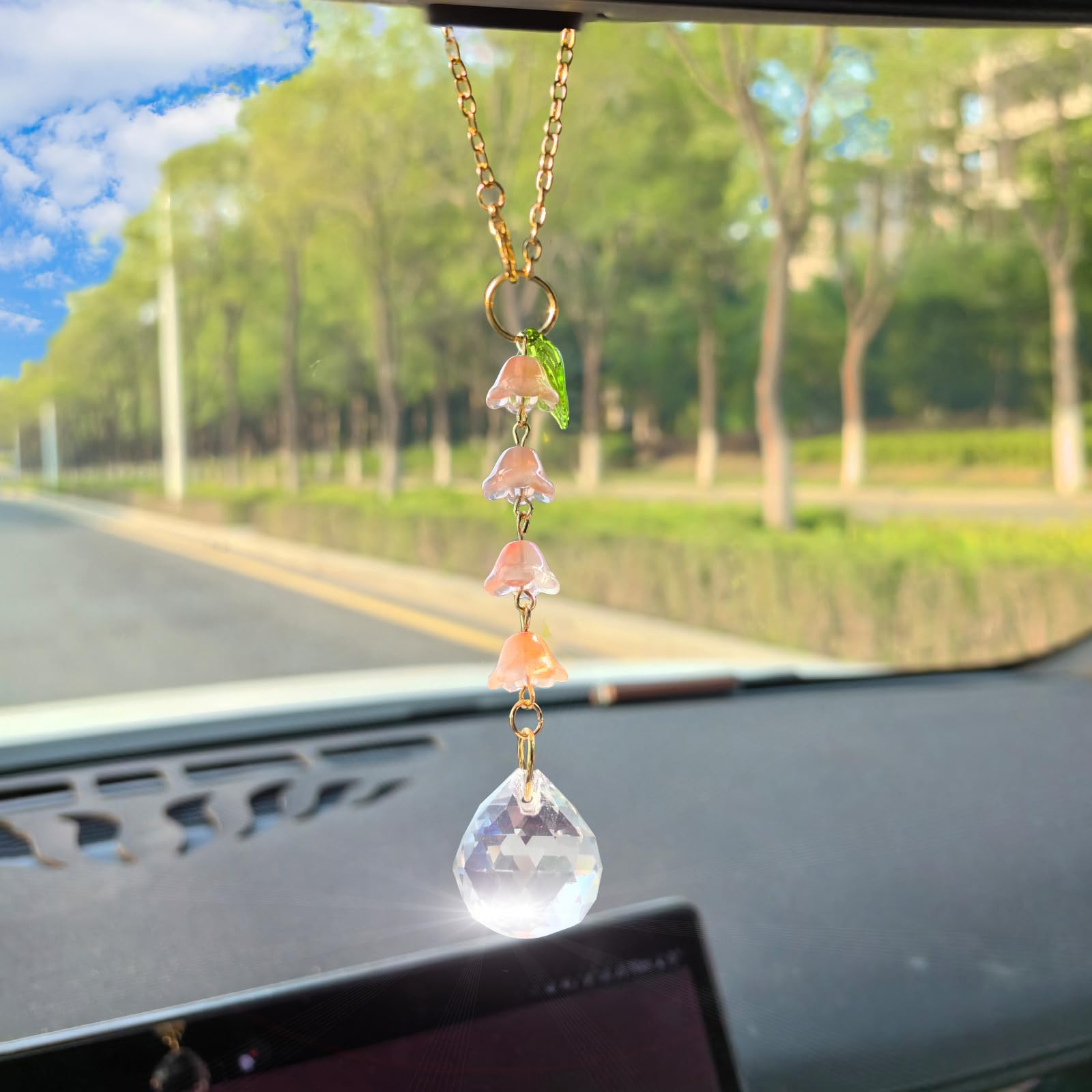 BYXVSBYS Sun Catcher Car Accessories Hanging Glass Lily of The Valley Rear View Mirror Accessories Cute Car Mirror Decor for Wom
