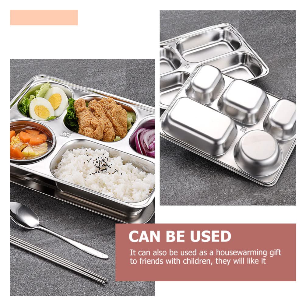Ganazono Food Tray 2 Sets Stainless Steel Rectangular Divided Plates Tray With Lid For Adults Divided Dinner Tray 5 Sections Ben