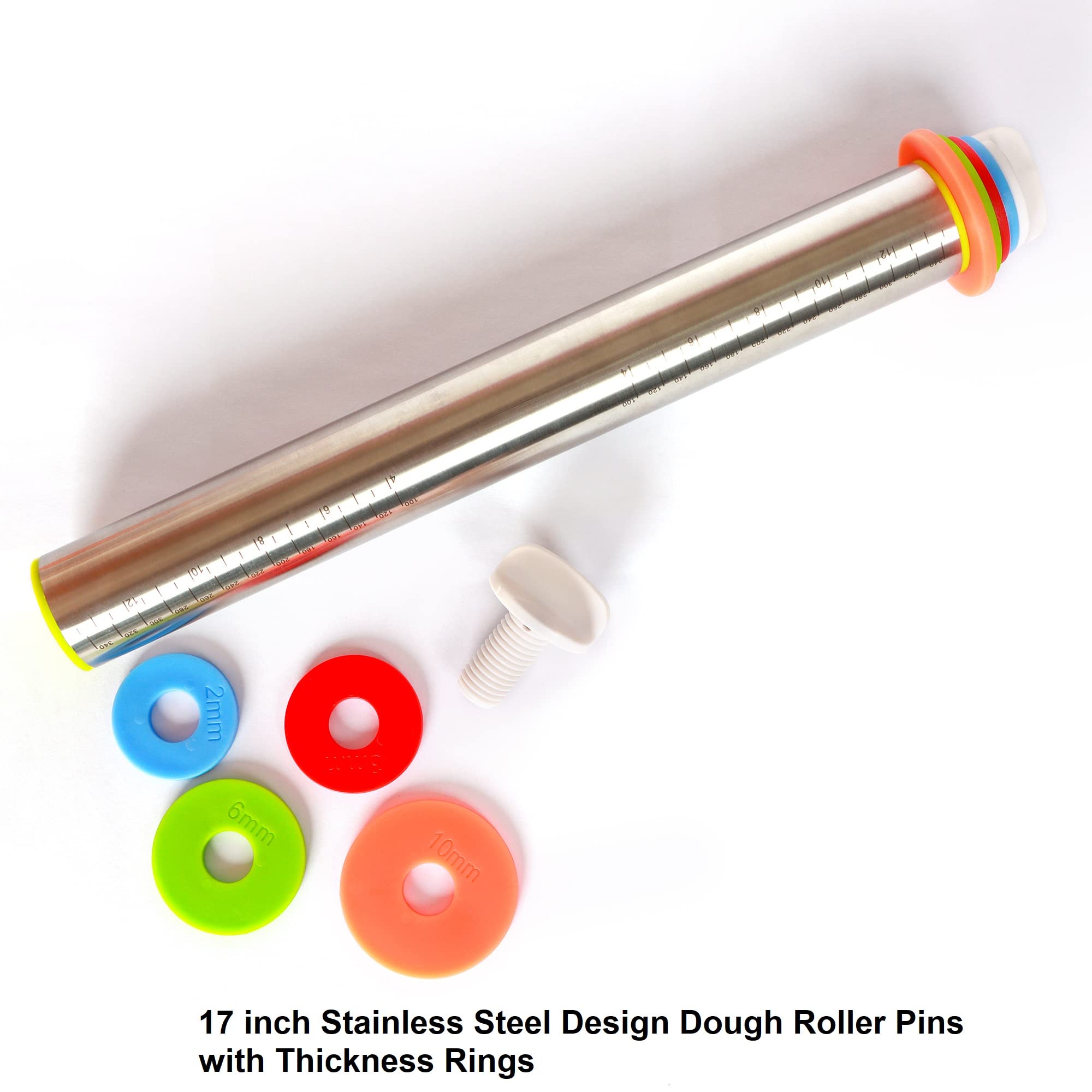 BIDFUL Adjustable Rolling Pin - Stainless Steel with Thickness Rings, 17in, Black, Includes Nonstick Silicone Pastry Mat for Baking Supplies