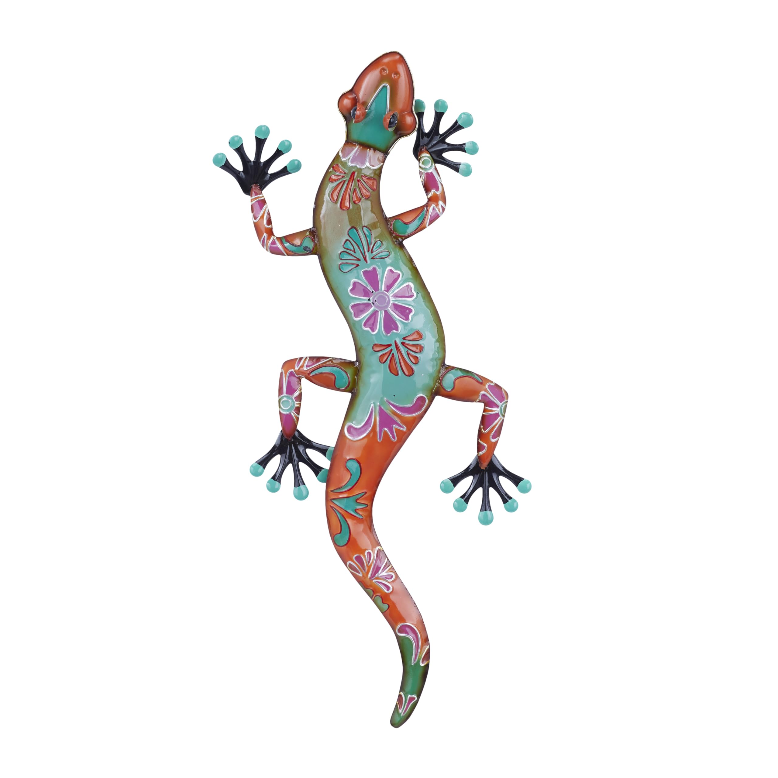 Deco 79 Metal Lizard Home Wall Decor Indoor Outdoor Floral Patterned Wall Sculpture with Teal and Pink Accents, Wall Art 18 x 3 
