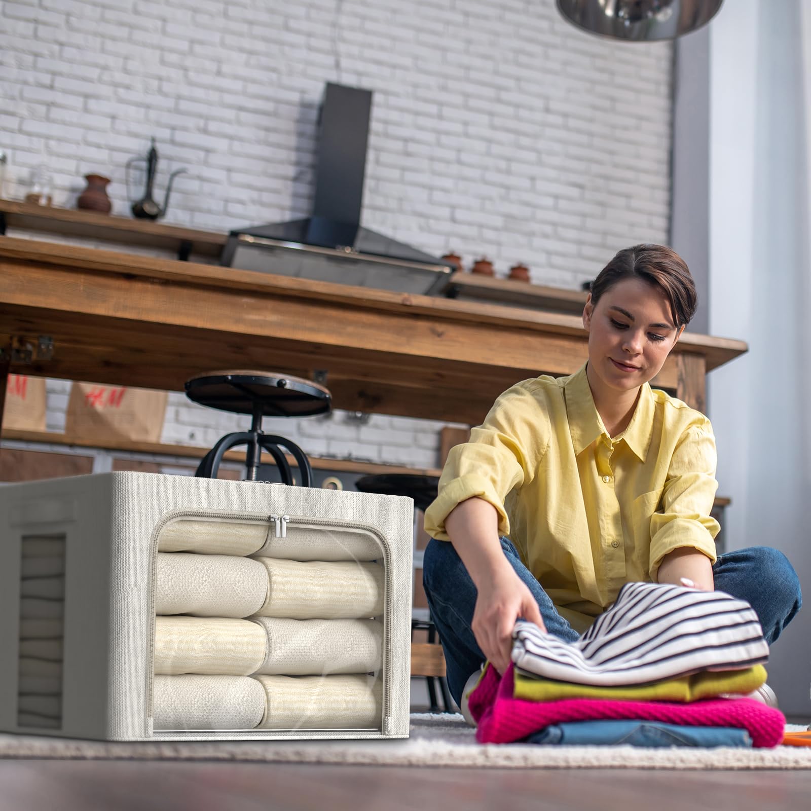 2 Pack Clear Window Storage Bins - Large Stackable Linen Fabric Storage for Clothes Foldable Container Organizer Set with Carryi
