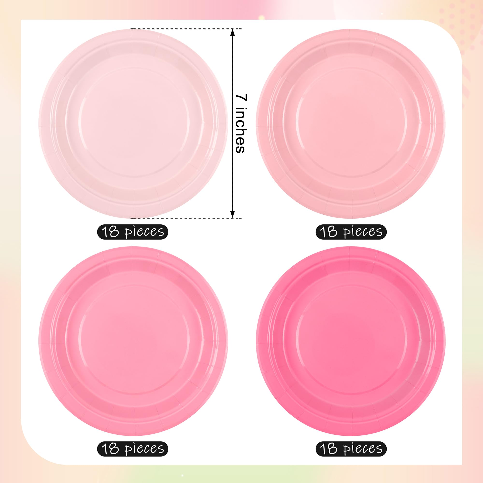 Breroa 72 Pieces Gradient Pink Paper Plates 7 Inch Bulk Paper Plates Disposable Round Dessert Plates Heavy Duty Solid Color Pape