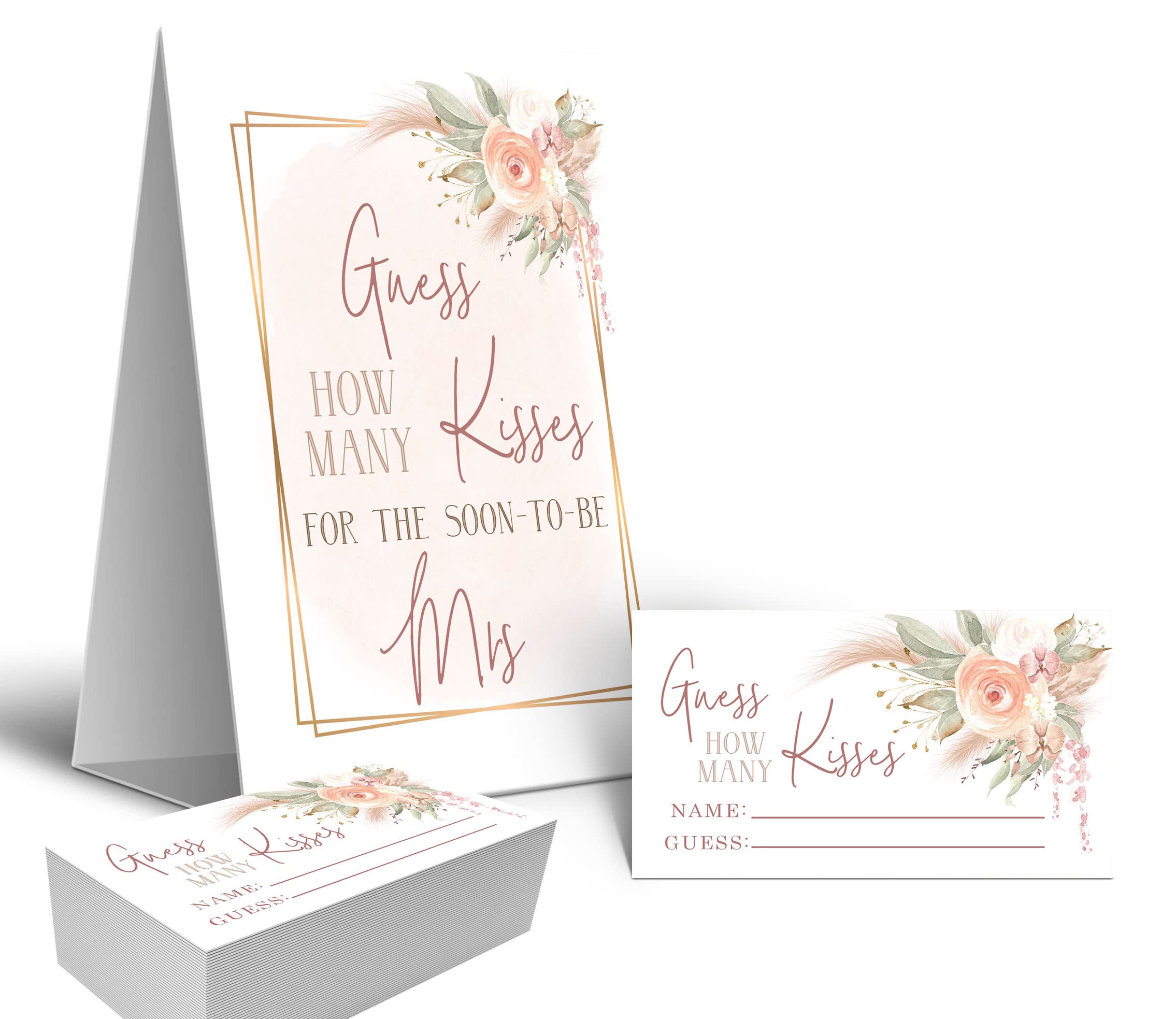 Your Main Event Prints Boho Pink Gold Pompas Grass How Many Kisses Game Sign And Cards Great For Bridal Showers And Weddings, Fl