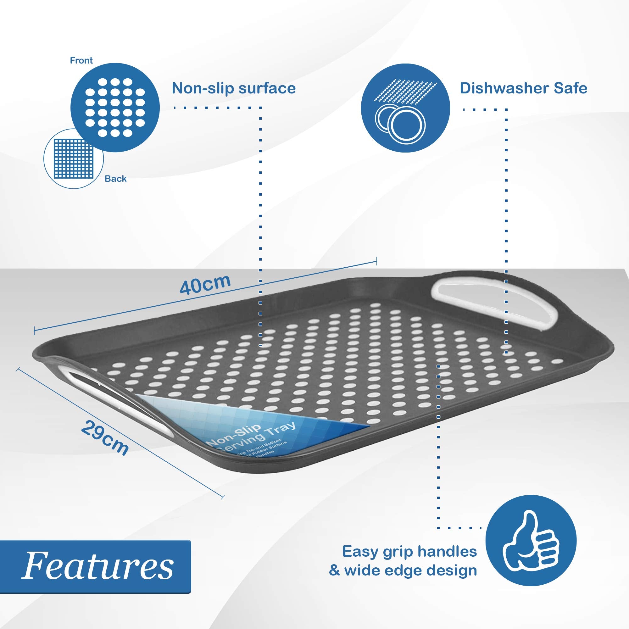 Volila Food Trays For Eating - 2 Pack Black And White Non Slip Tray For Serving Drinks And Snacks - 41Cm X 29Cm Plastic Carrying