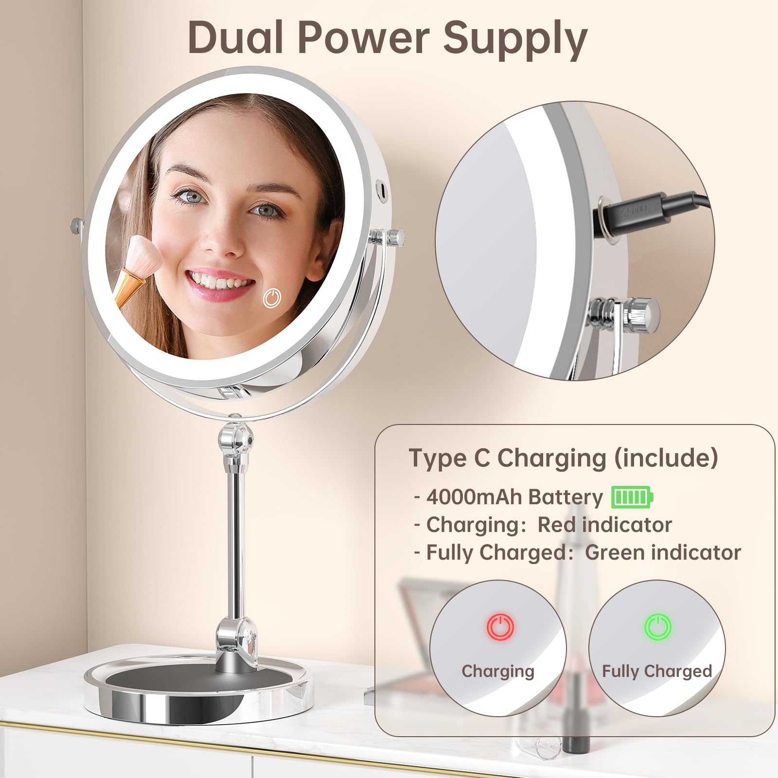 Driveslim 9'' Makeup Mirror With Lights And Magnification 10X/1X,4000Mah Rechargeable Magnifying Vanity Mirror With Lights,Heigh