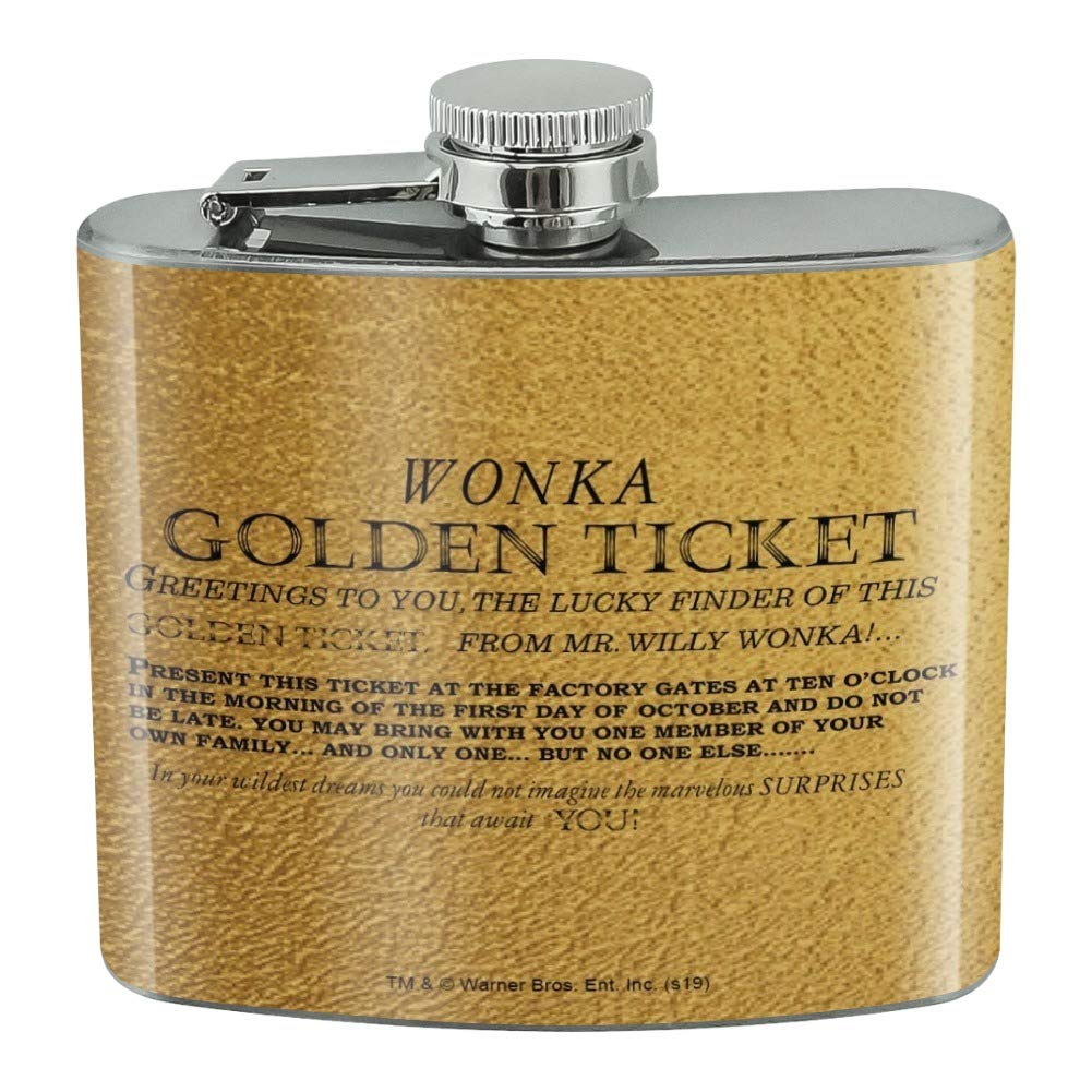 Willy Wonka And The Chocolate Factory Golden Ticket Stainless Steel 5Oz Hip Drink Kidney Flask