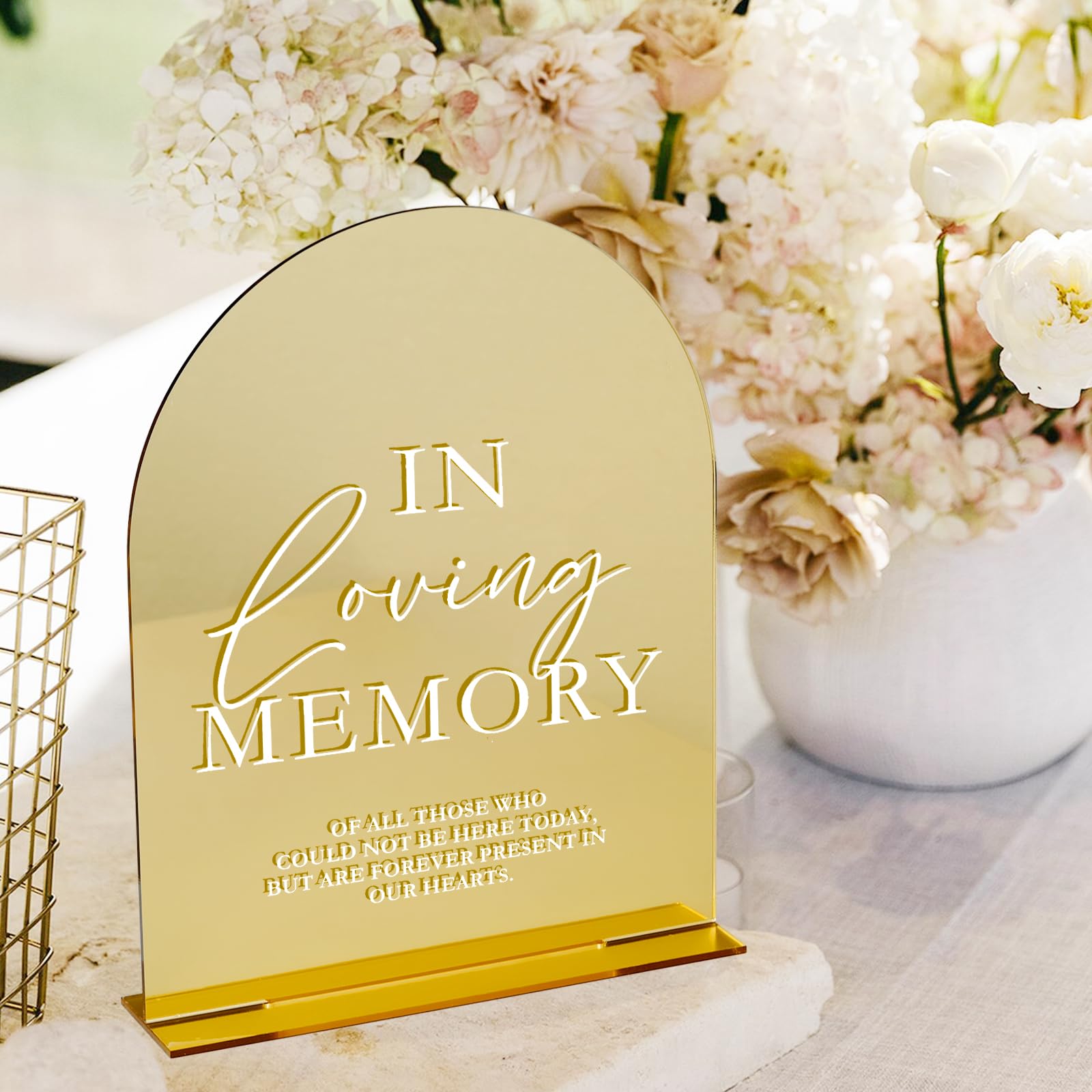Gold Mirror Acrylic Wedding Sign with Stand- 8x10 In Loving Memory Sign and Base,1/8 Thick | Modern Calligraphy White Lettering