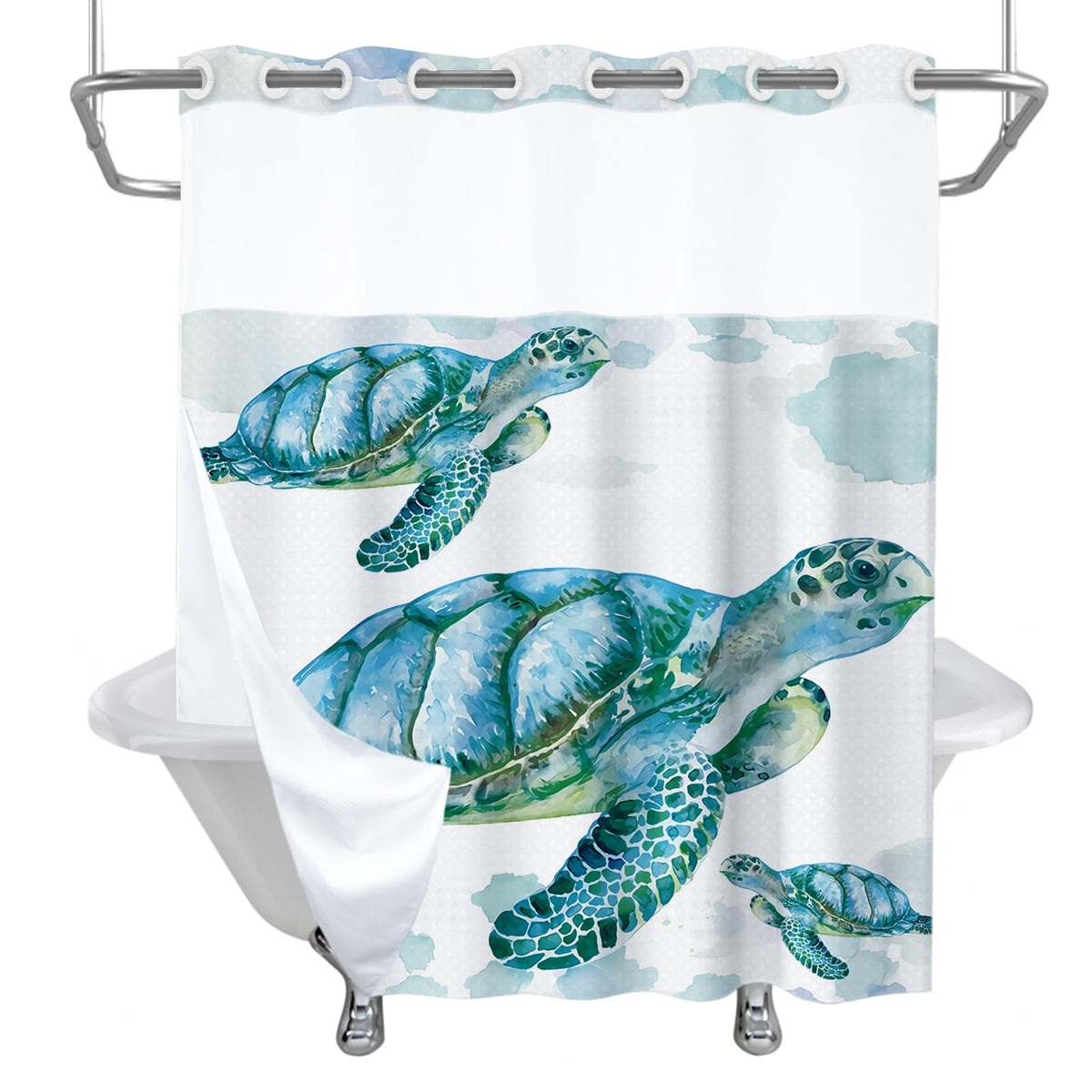 Final Friday Beach Nautical Sea Turtle Theme No Hook Waffle Weave Shower Curtain With Snap In Liner Nautical Beach Bathroom Blue