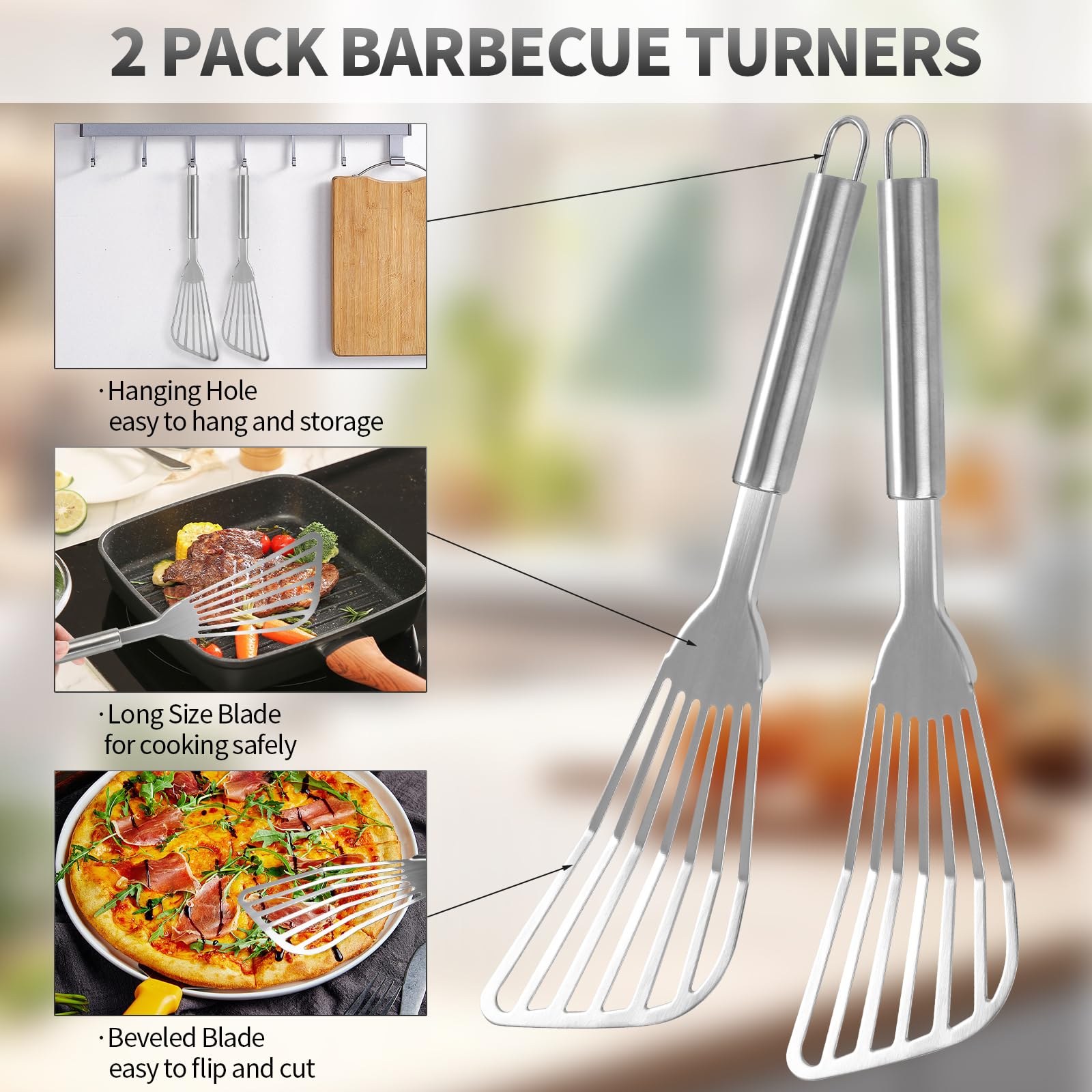 2Pack Fish Spatula Stainless Steel,Premium Fish Turner Spatula,Flexible Barbecue Turner,Metal Slotted Spatula For Flipping Fish