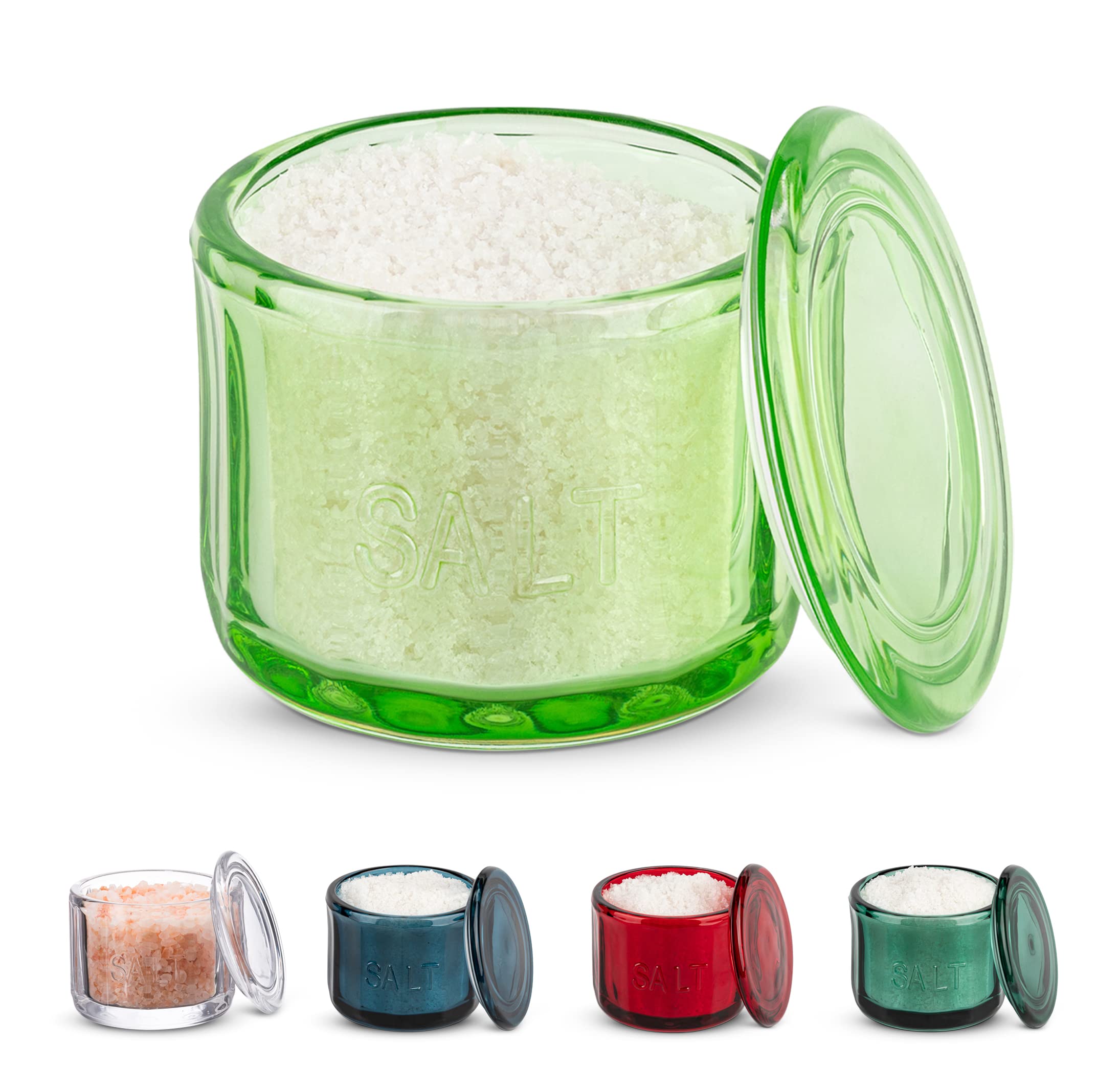 Kook Salt Cellar & Jar, Round Salt Container, Pressed Clear Glass, With Clear Lid, Embossed, 10 Oz (Lime)