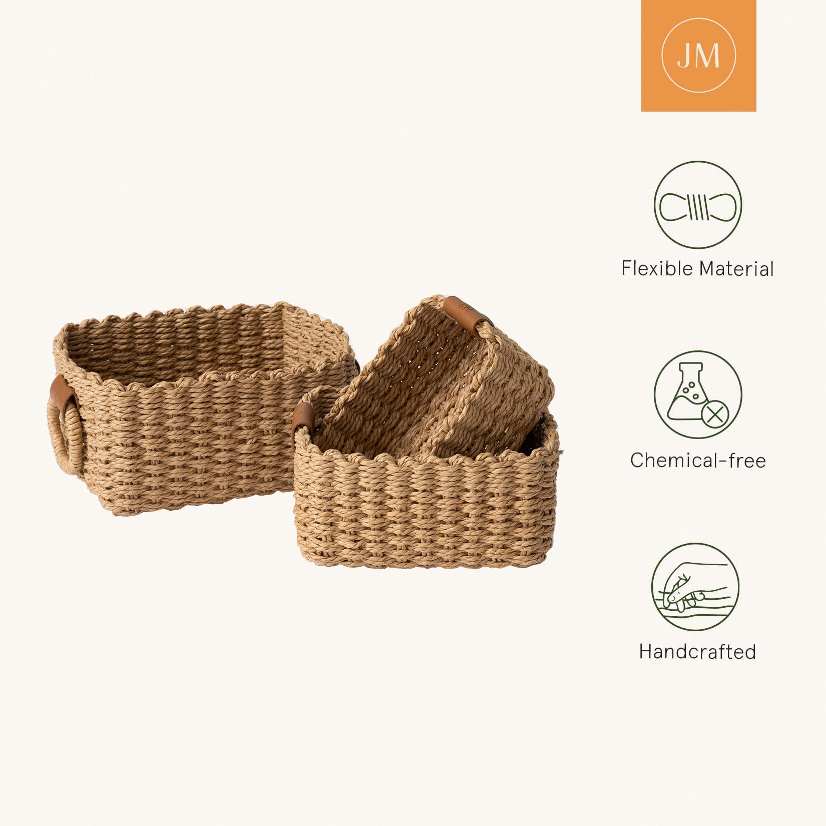 LA JOLIE MUSE Small Wicker Baskets for Organizing  Bathroom Basket with Handle  Recycled Paper Rope Storage Basket for Shelves Bathroom cupboards Drawer  Decorative Square Basket Organizer Set of 3
