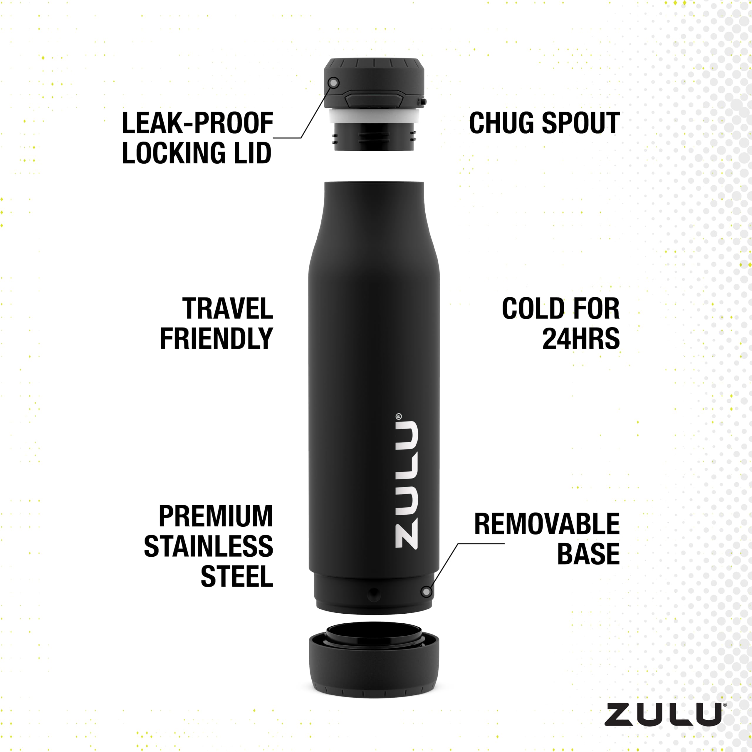ZULU Ace Vacuum Insulated Stainless Steel Water Bottle with Leak-Proof Locking Lid and Removable Base  Black  24oz