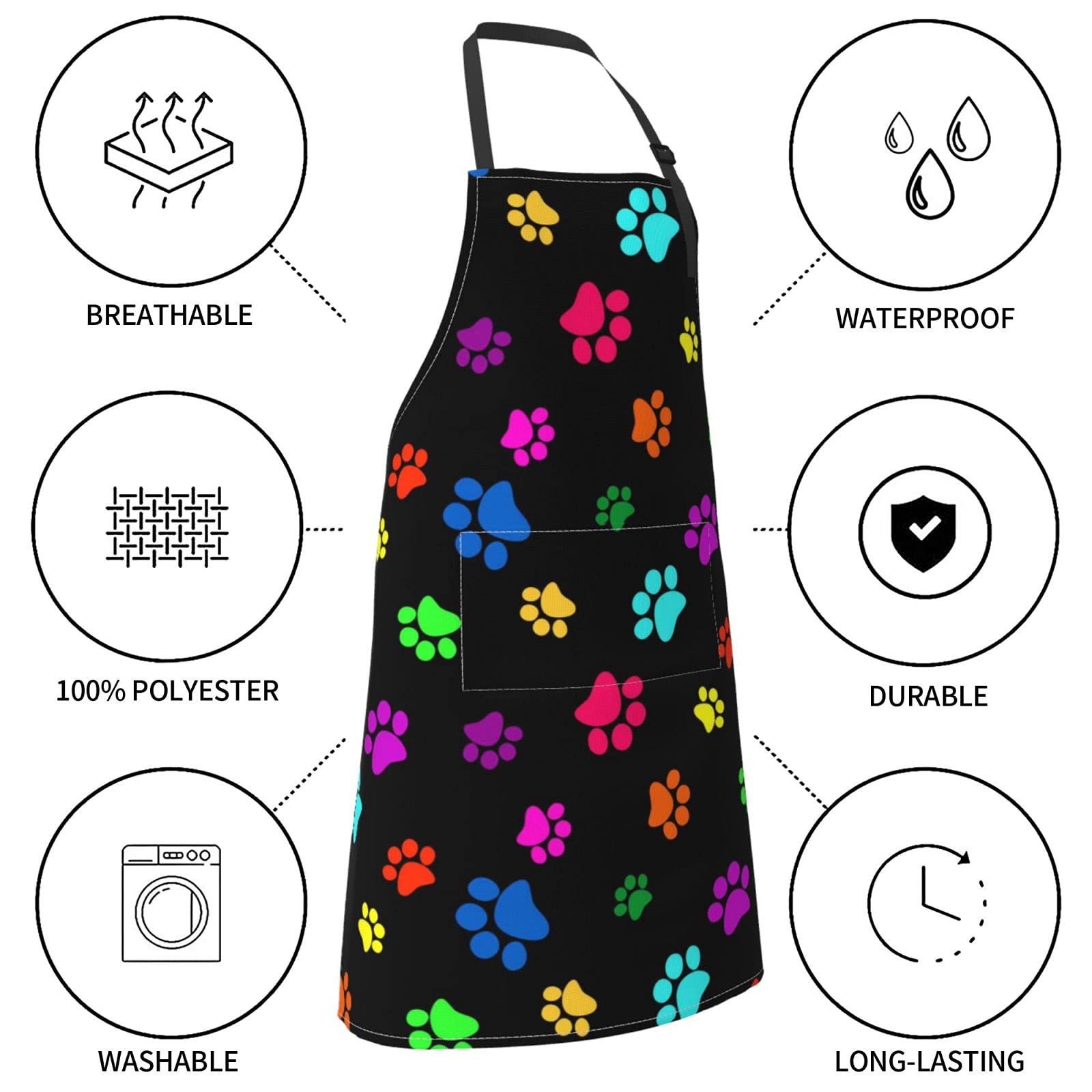 Perinsto Colorful Dogs Paws Waterproof Apron With 2 Pockets Cute Pet Animal Paw Kitchen Chef Aprons Bibs For Grooming Cooking Ba