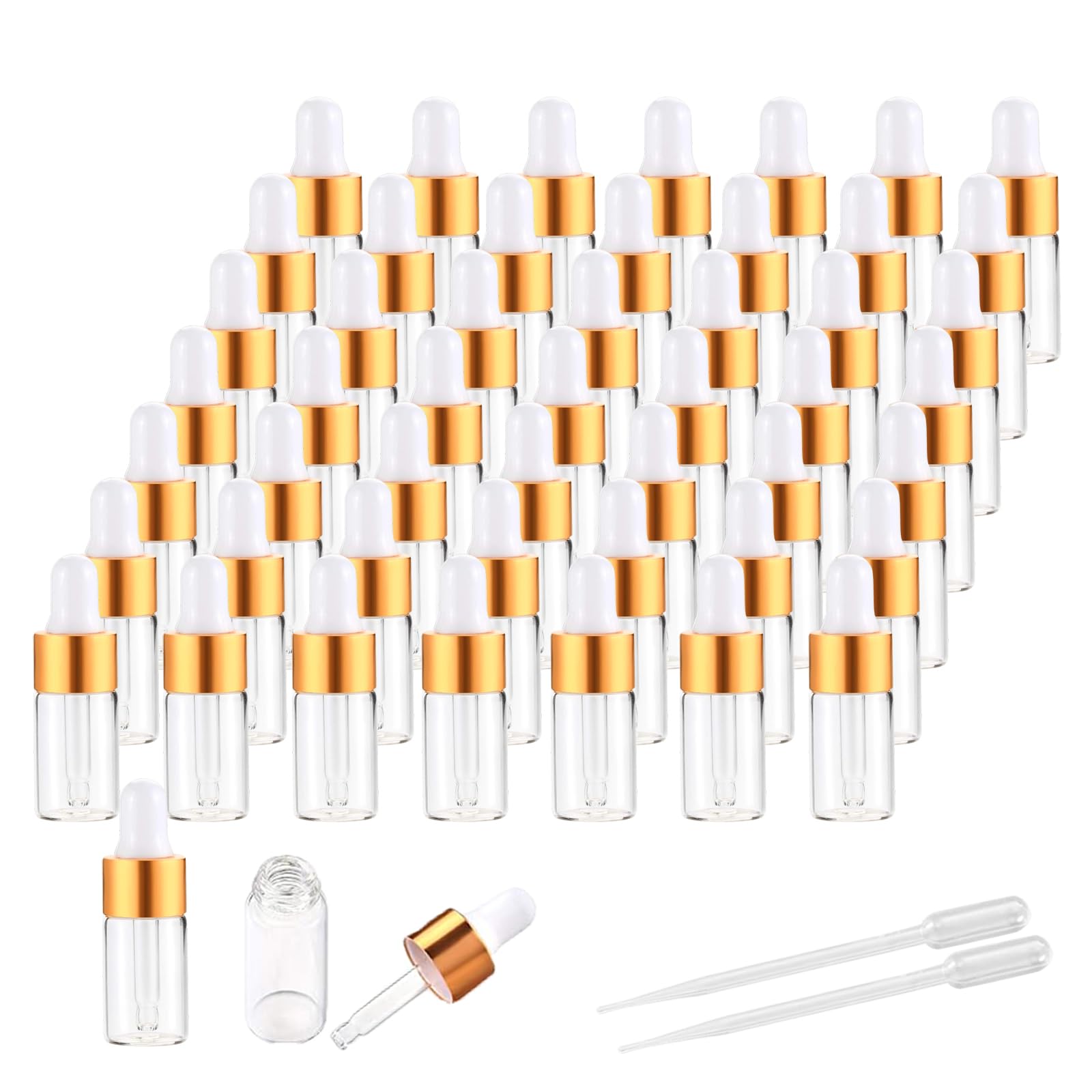ZSAEYPHE 50 Pack Mini Glass Dropper Bottle Clear Essential Oil Bottle with Golden Lids Sample for Perfume Traveling Liquid Conta