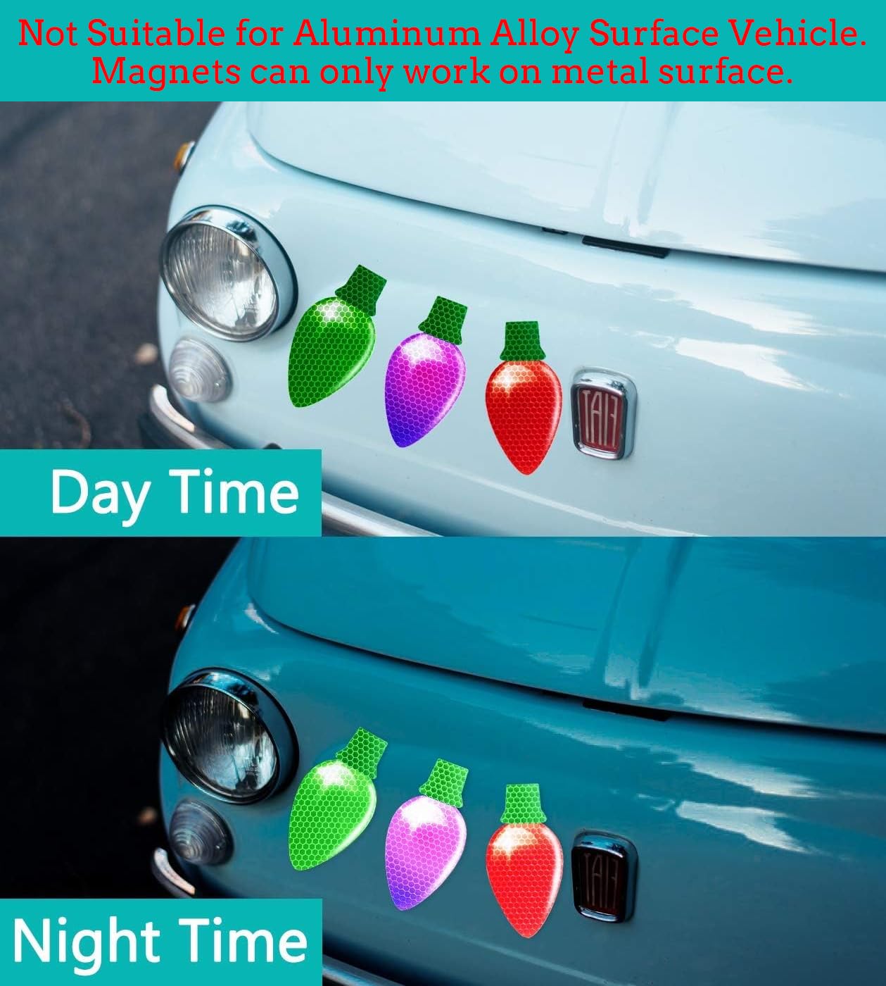 90Pcs Christmas Car Refrigerator Decorations - 42 Reflective Bulb Light Shaped Magnets 48 Magnetic Wires Ornaments Set Xmas Holi