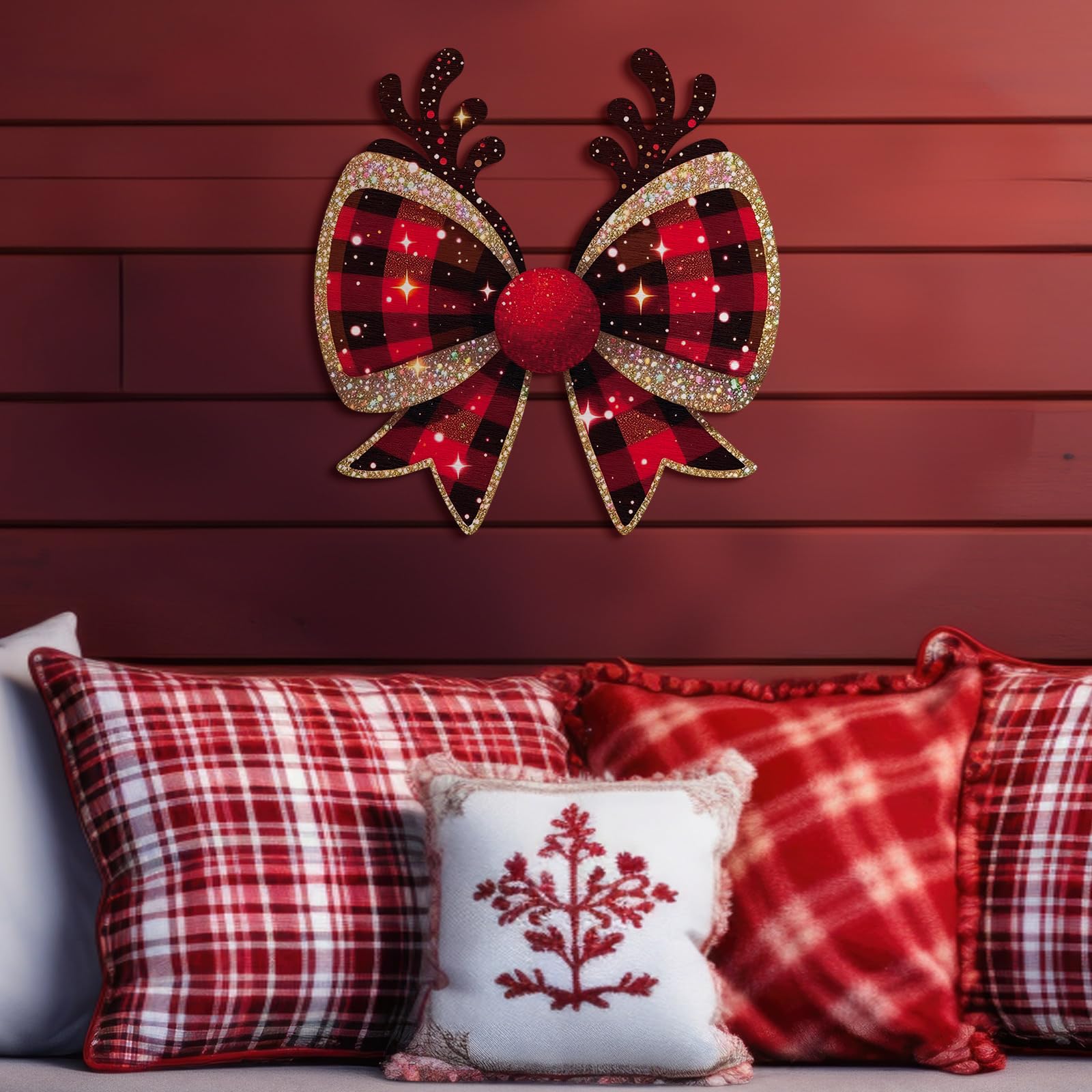 RattanView Christmas Bow Wooden Hanging Sign Red Plaid Reindeer Bow Wall Hanging Hanger Cute Preppy Wall Art Bowknot Welcome Doo