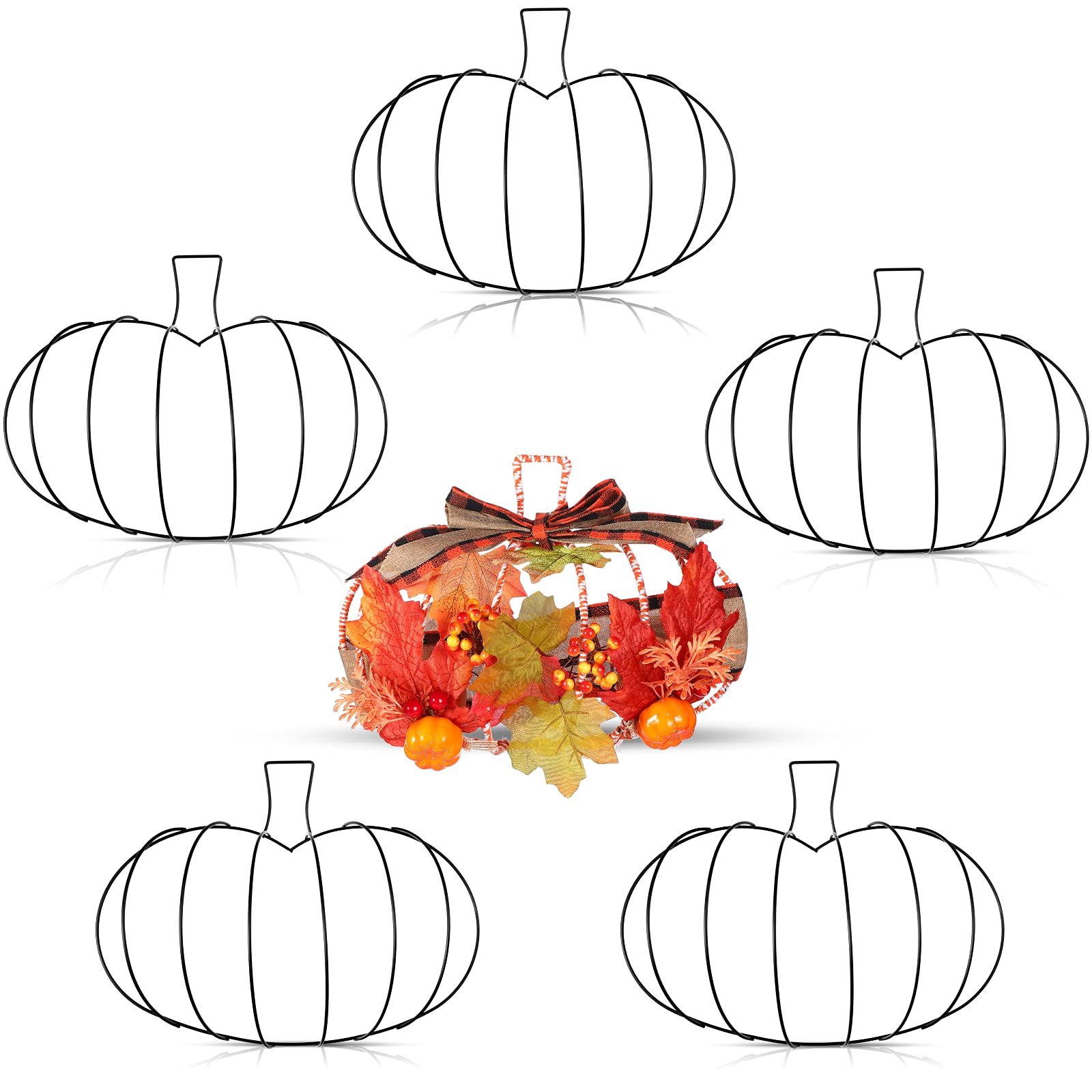 Hotop 5 Pcs 10 x 7.3 Inches Thanksgiving Pumpkin Shaped Metal Wreath Form Fall Wire Floral Frame Halloween 3D Pumpkin Wreath Ind