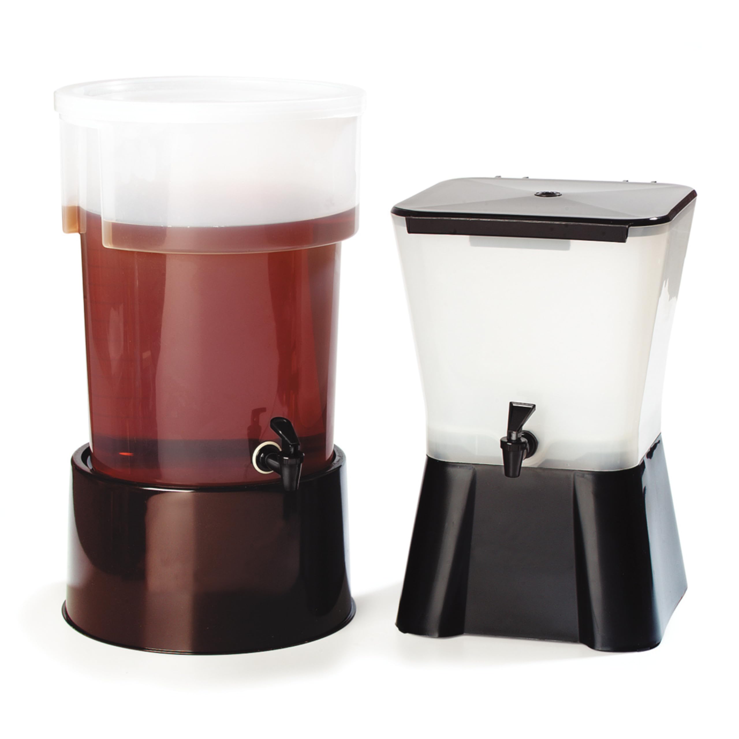 Carlisle FoodService Products 222903 Polypropylene Round Beverage Dispenser with Base  5 gal. Capacity  12-3/8'' Dia. x 21-1/2'' H  Black Base