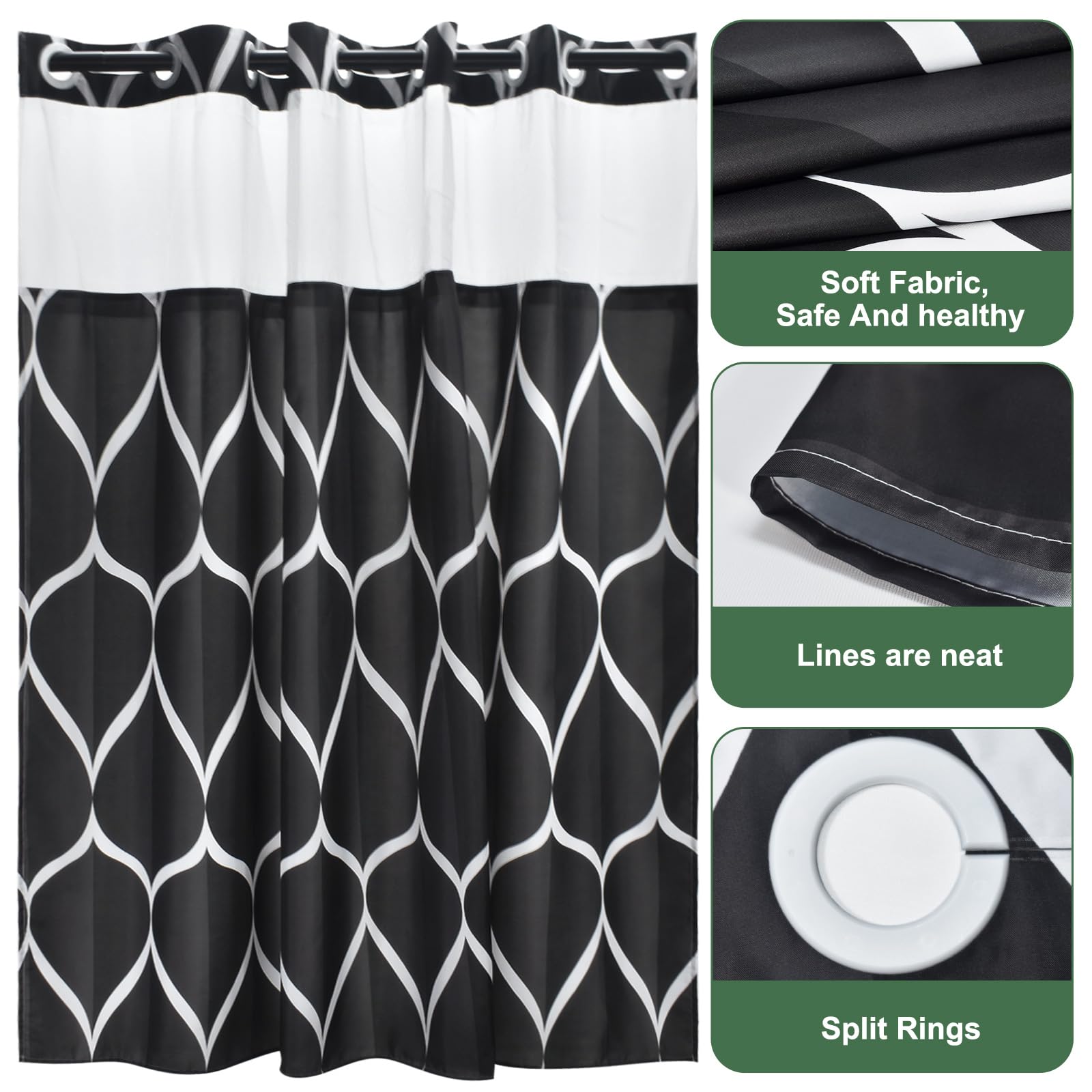 Yiatn No Hook Black Shower Curtain With Snap In Fabric Liner Set - Hotel Style With See Through Mesh Top Window - 71X74 Inch