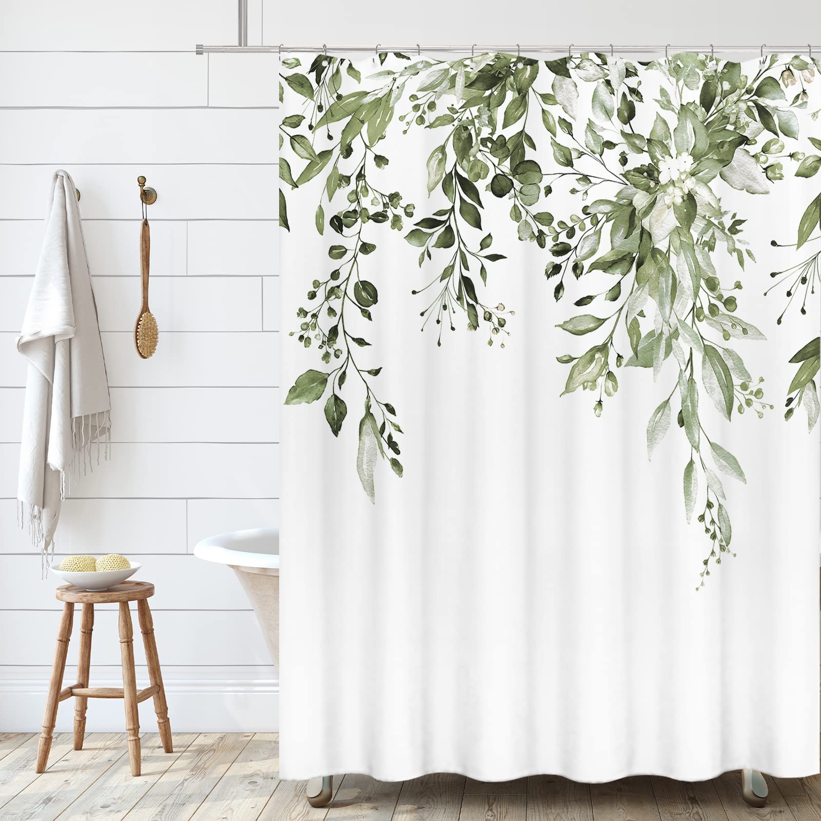 Tititex Olive Green Eucalyptus Shower Curtain Sets, Watercolor Leaves On The Top Plant With Floral Bathroom Decoration 72X84 Inc
