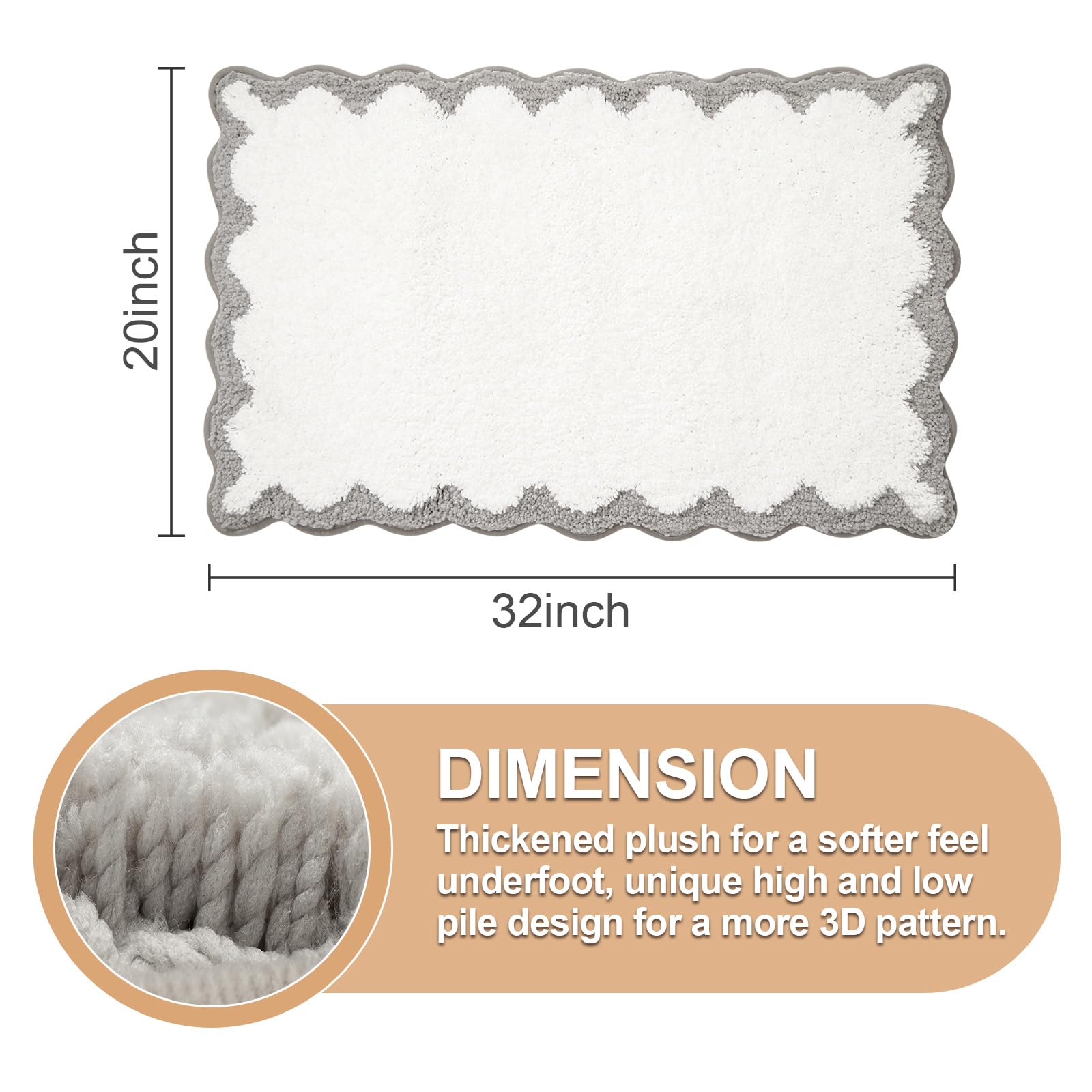 Ortigia Cute Scalloped Bathroom Rugs Non Slip Washable, Quick Dry Absorbent Plush Microfiber Bath Mats, Fun White And Gray Bathm
