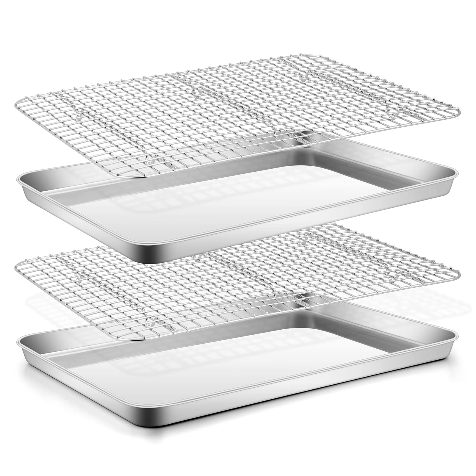 Stainless Steel Baking Sheet With Rack Set, E-Far 16   X12    Cookie Sheet Pan For Oven, Rimmed Metal Tray With Wire Cooling Rac