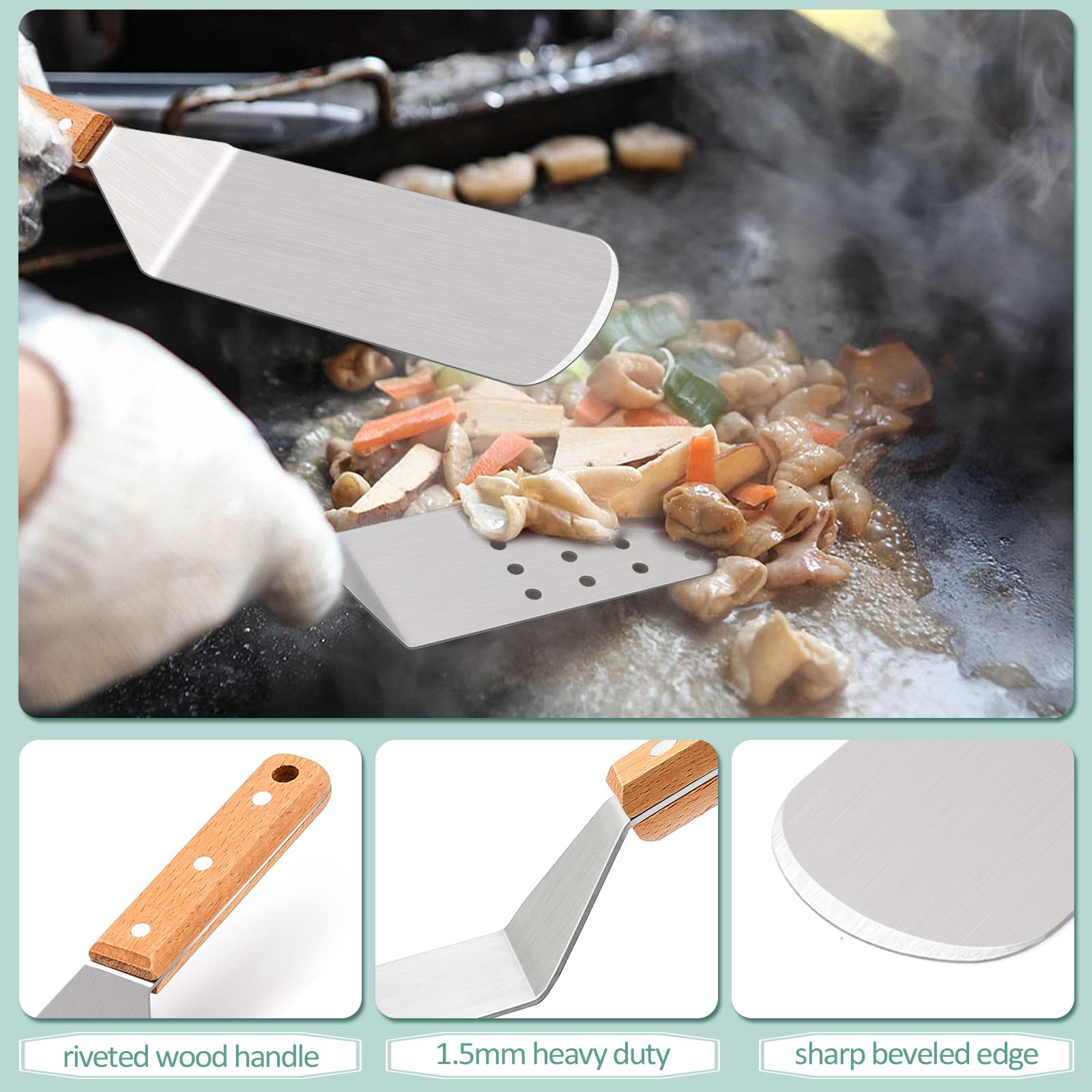 HaSteeL Griddle Accessories Kit  Stainless Steel Metal Spatula Tools Set of 16  Heavy Duty Griddle Spatulas & 12In Melting Dome for Flat Top Teppanyaki Cooking Grilling Indoor & Outdoor  Wooden Handle
