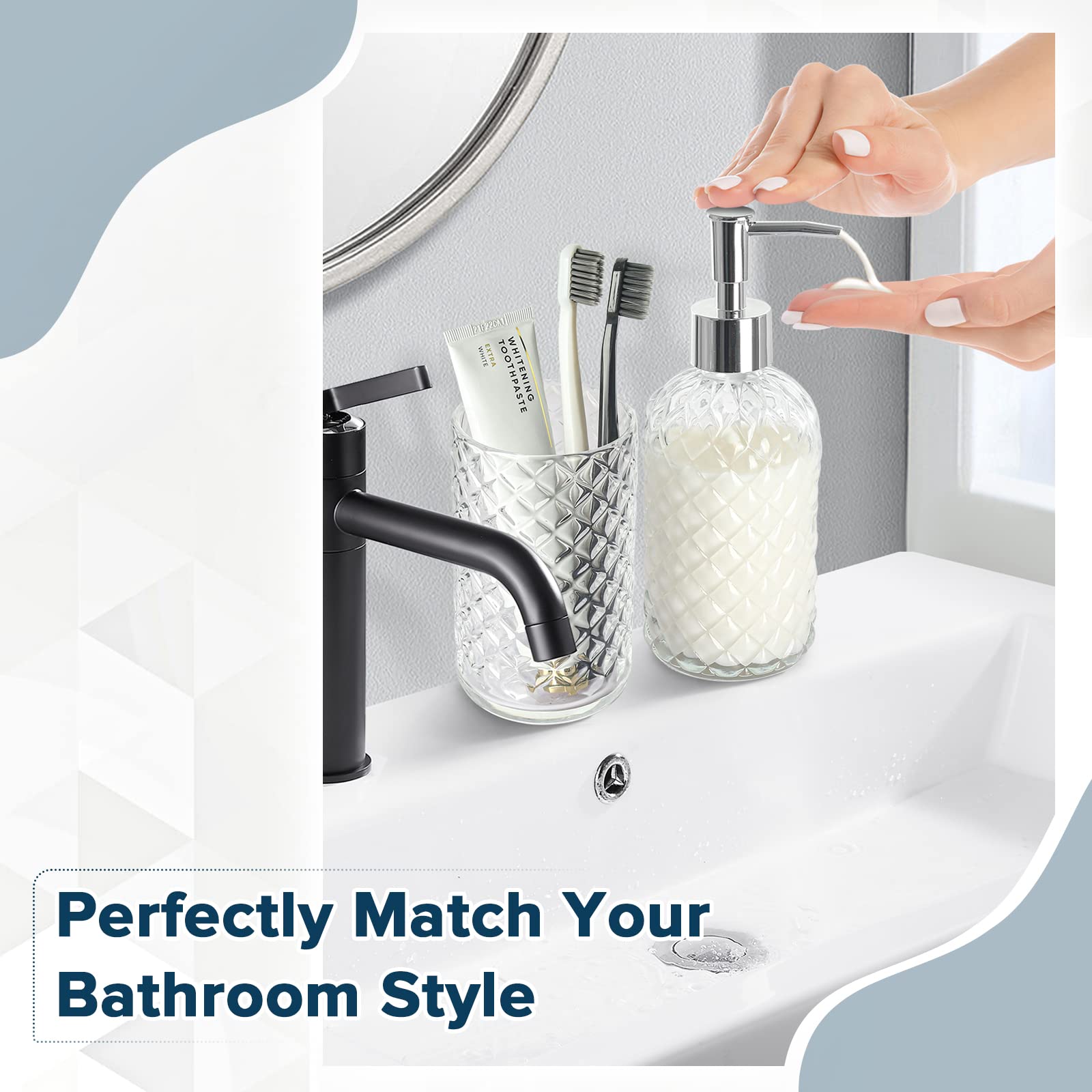 Rytoxilo Blue Bathroom Accessories Set, 4 Pack Light Blue Bathroom Decor Accessory Sets Complete, Diamond Glass Soap Dispenser A