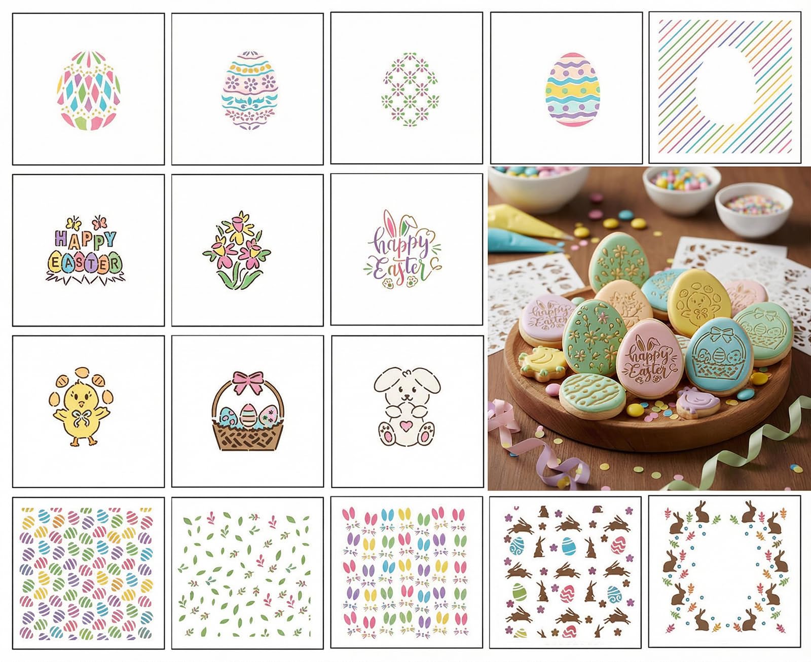 Easter Eggs Bunny Cookie Stencils Templates, 16 Pieces, 4x4 Inch, Happy Easter Spring DIY Sugar Cookies Stencil for Party Suppli