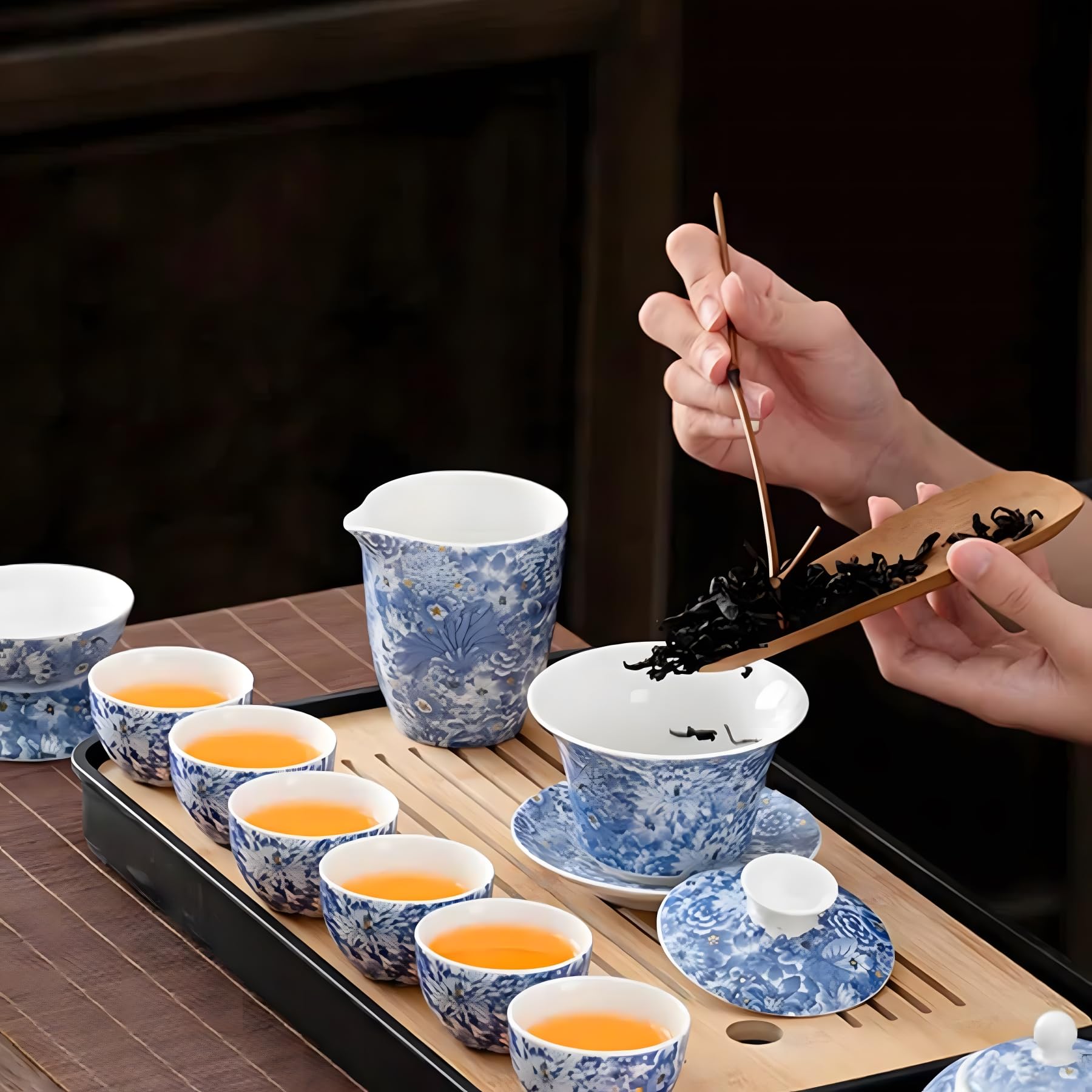ICHAG Chinese Tea Set, Gongfu Tea Sets for Adults, Asian Gaiwan Teaset, 14-Piece Yangzhi Jade (?????) with Suspended Gaiwan & Te