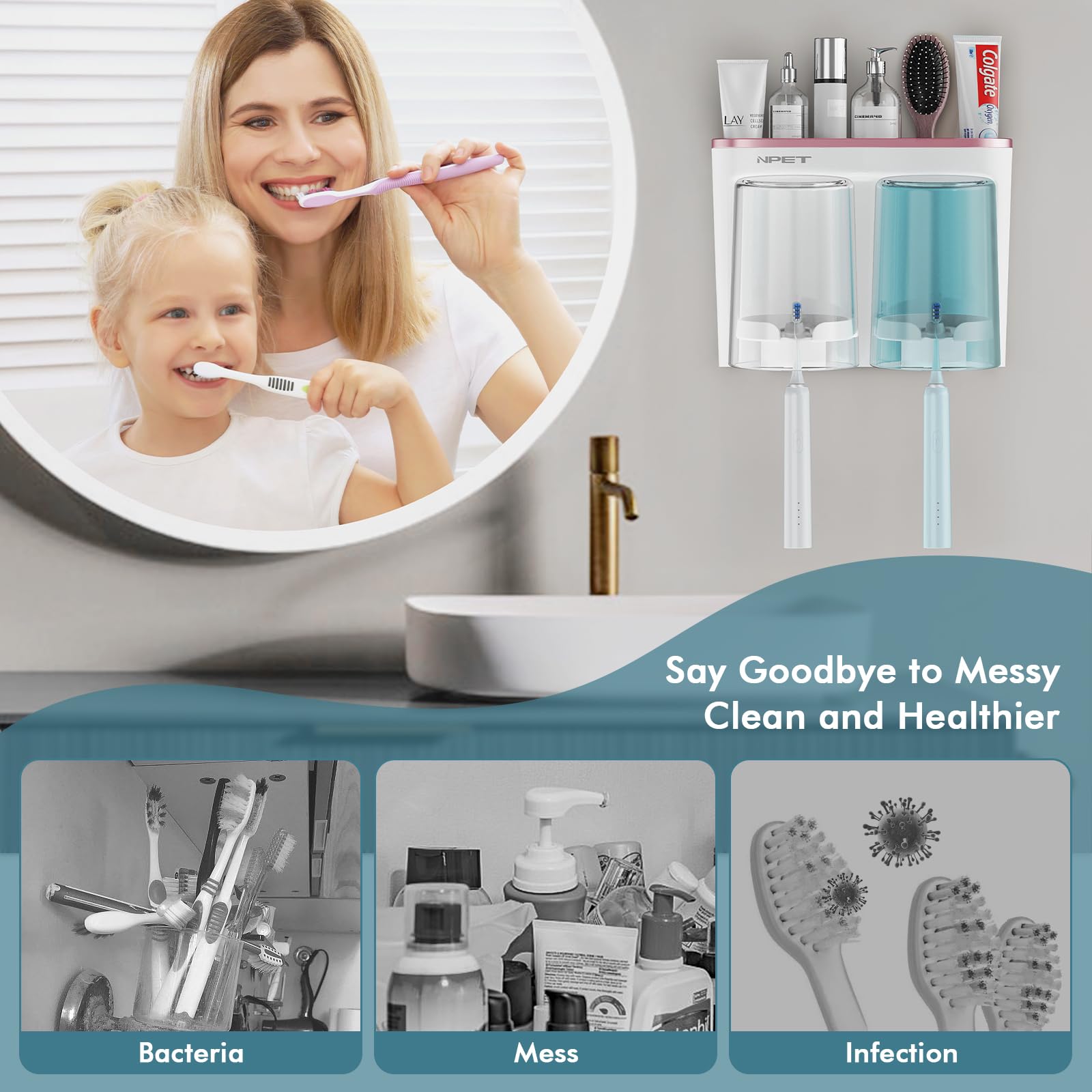 Npet Toothbrush Holder For Bathroom Accessories,2 Cups Toothbrush Holder Wall Mounted, Multi-Functional Toothbrush Holder Set Wi