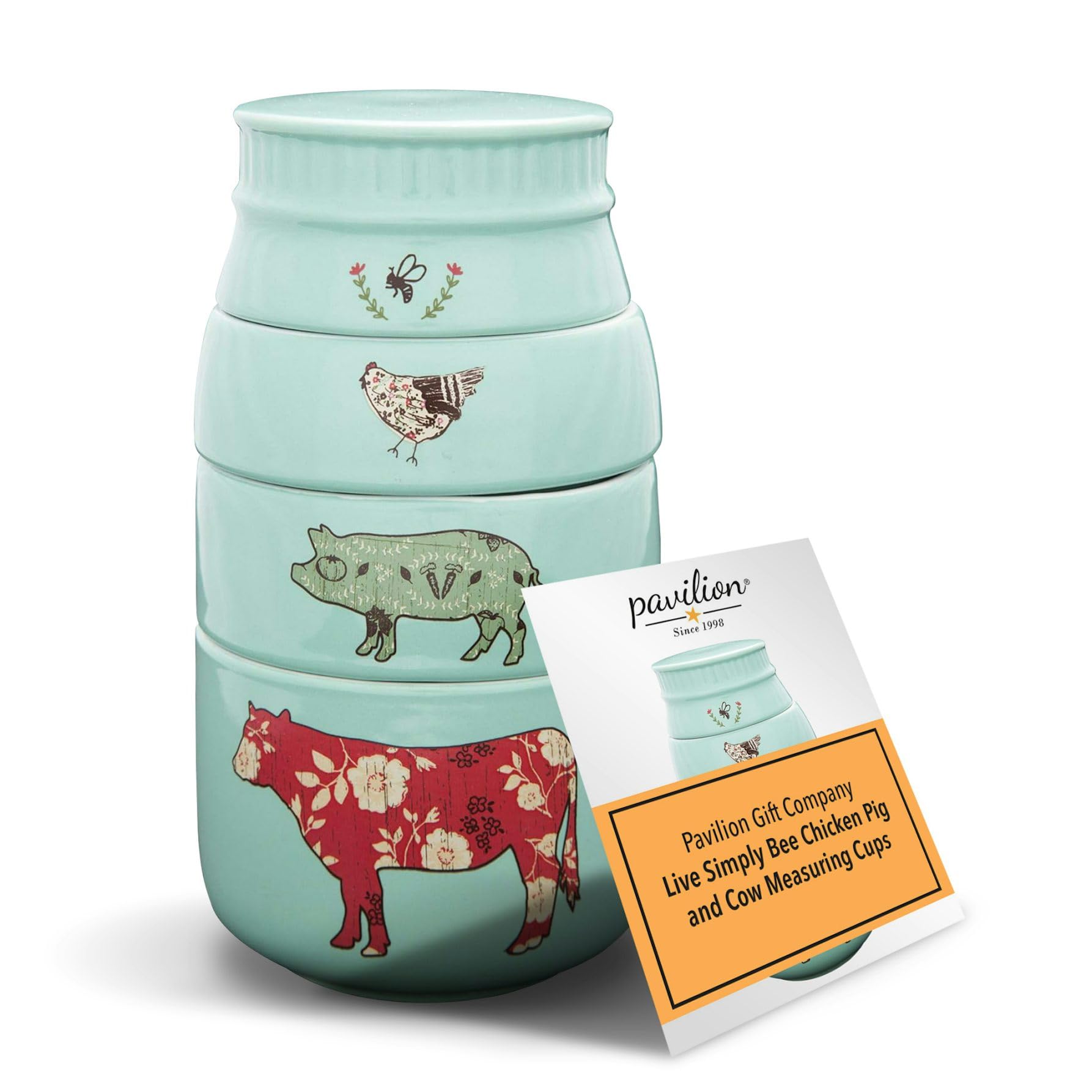 Pavilion Gift Company - 'Live Simply Bee, Chicken, Pig, And Cow' - 4-Piece Stoneware Measuring Cups Set, Sturdy Farmhouse-Style
