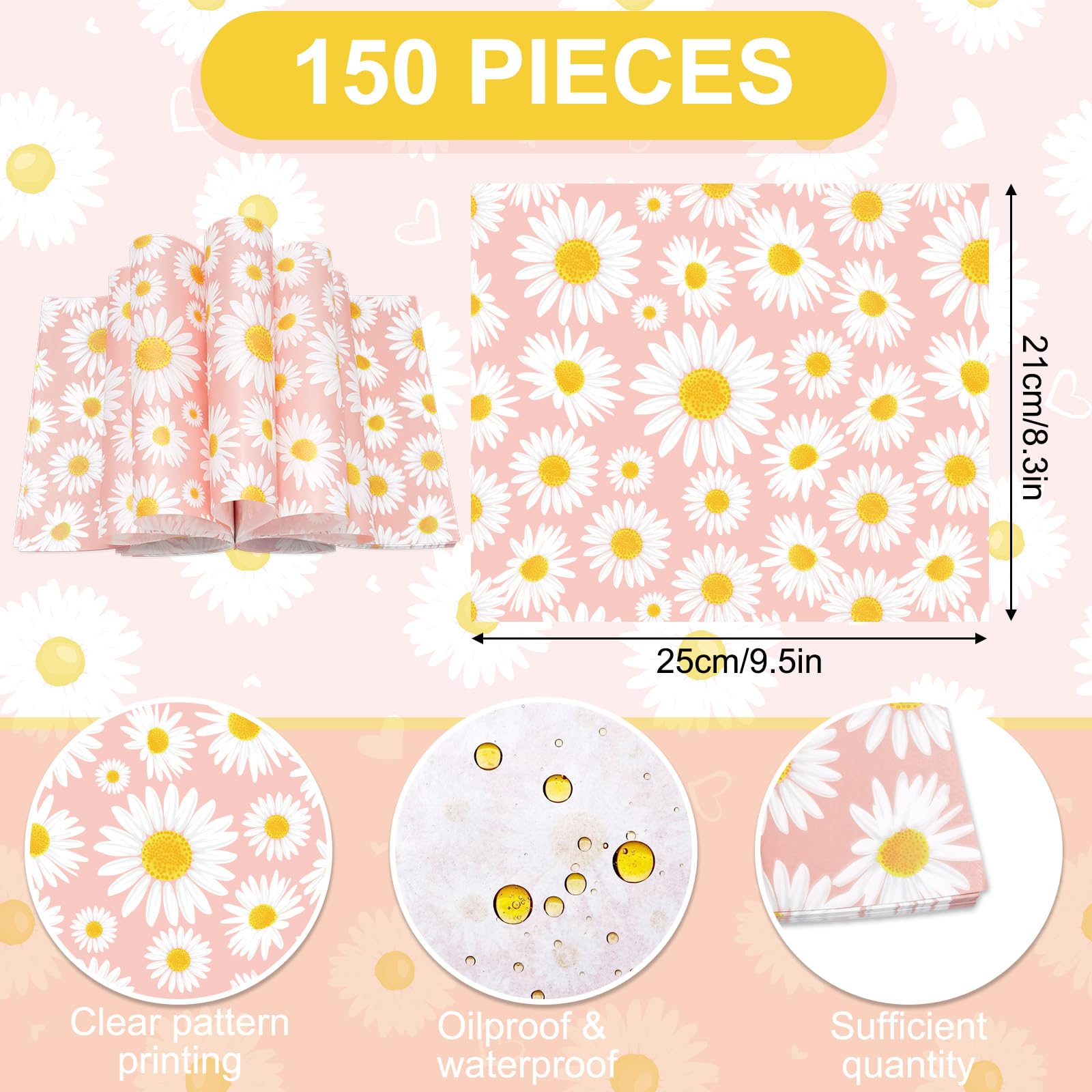 Jarthenaamcs 150Pcs Daisy Pink Wax Paper Spring Flower Deli Paper Pastel Floral Sandwich Wrap Paper Tissue Waterproof Oil-Proof