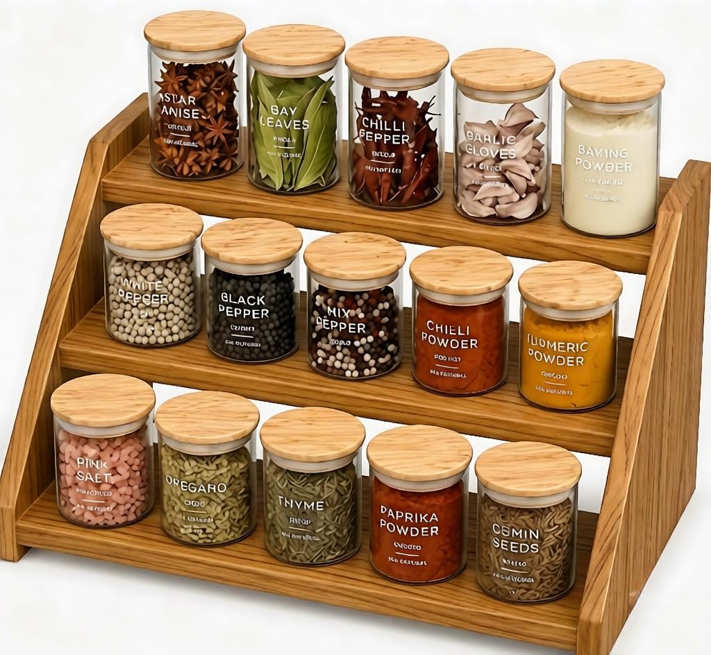 Yookeer Rustic Wood Spice Rack Shelf, Kitchen Organizer Rack, Kitchen Rack Stand, Kitchen Counter Organiser, 30 X 15 X 15 Cm, Te