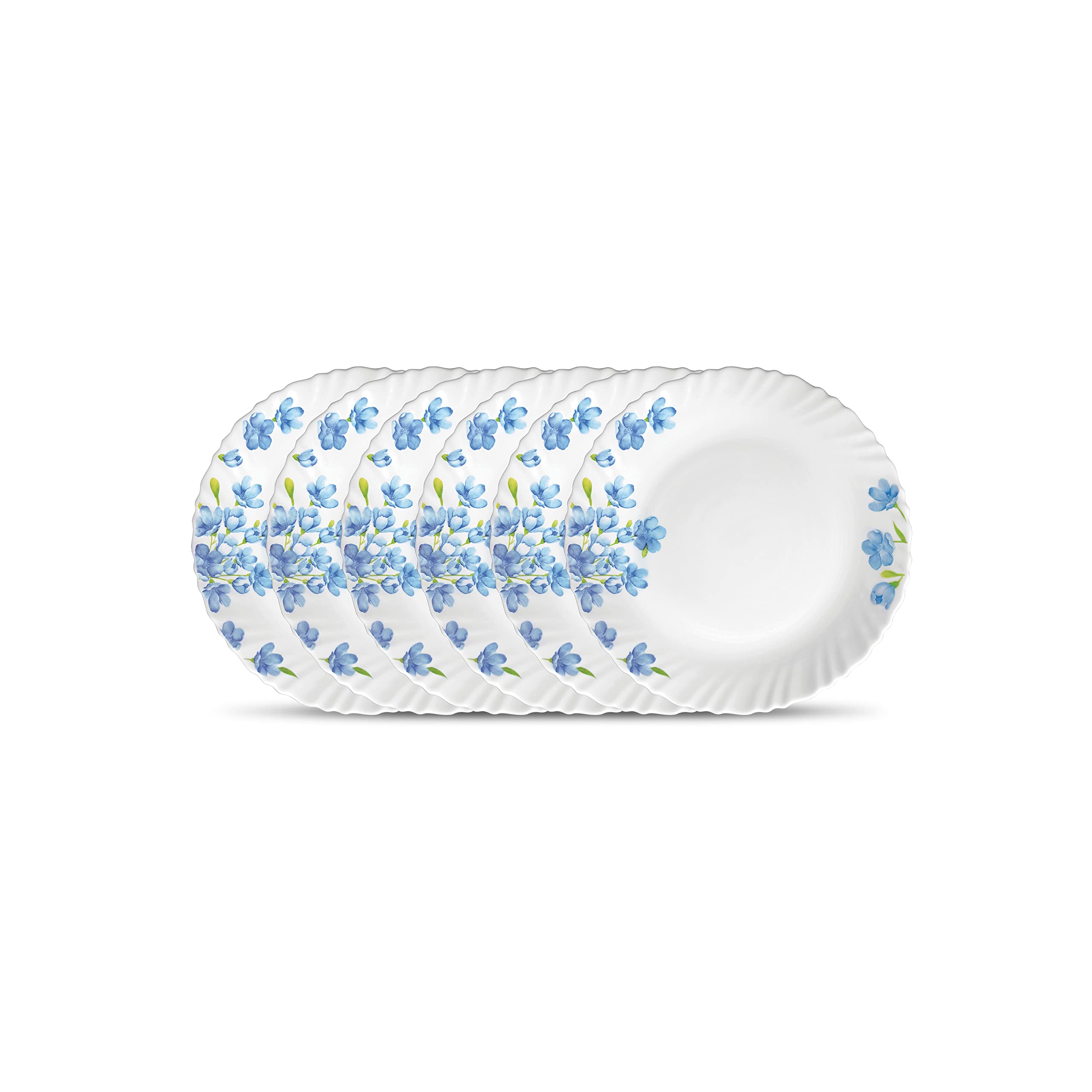 La Opala Diva Classique Collection Opal Glass Crockery | Quarter Plate Set Of 6 | Aster Blue Design | For Snacking & Gifting | M