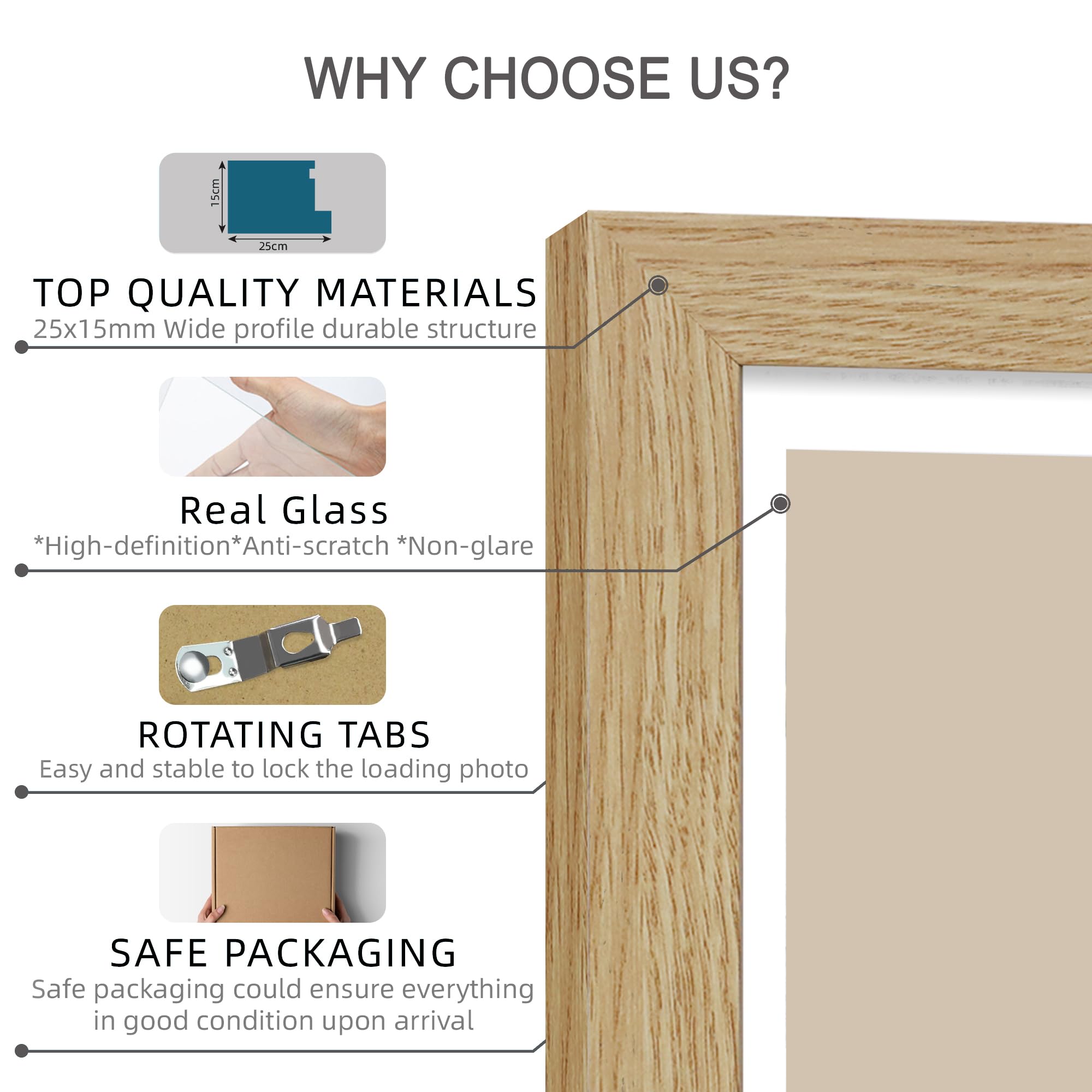 Hongkee 5x7 Picture Frame Set of 4, Made of Real Glass and Natural Oak Wooden Frame, 5 by 7 Photo for Wall or Tabletop - Display